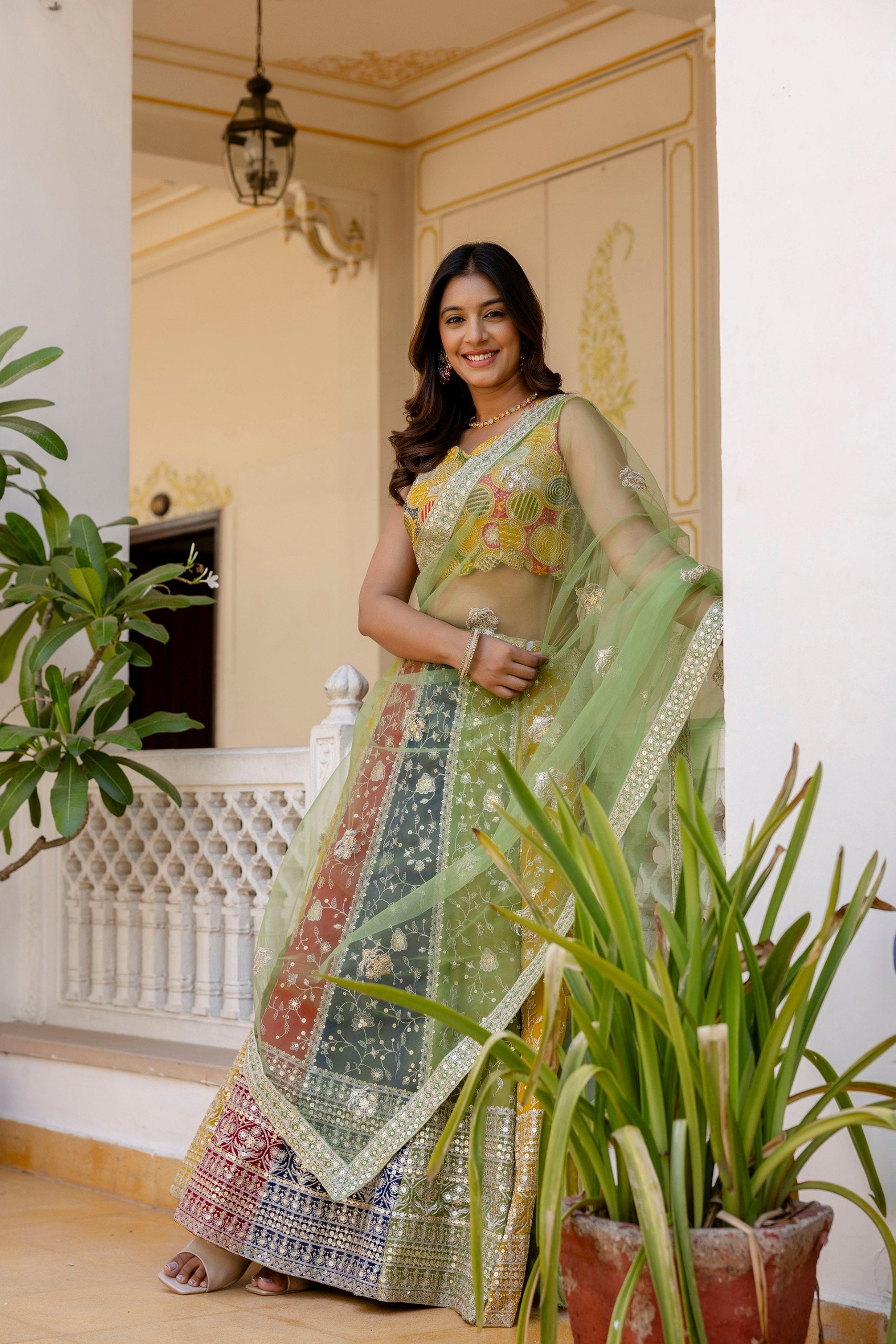 Multi Colour Faux Georgette Sequins Embroidered Lehenga Set with Designer Net Dupatta – Semi-Stitche