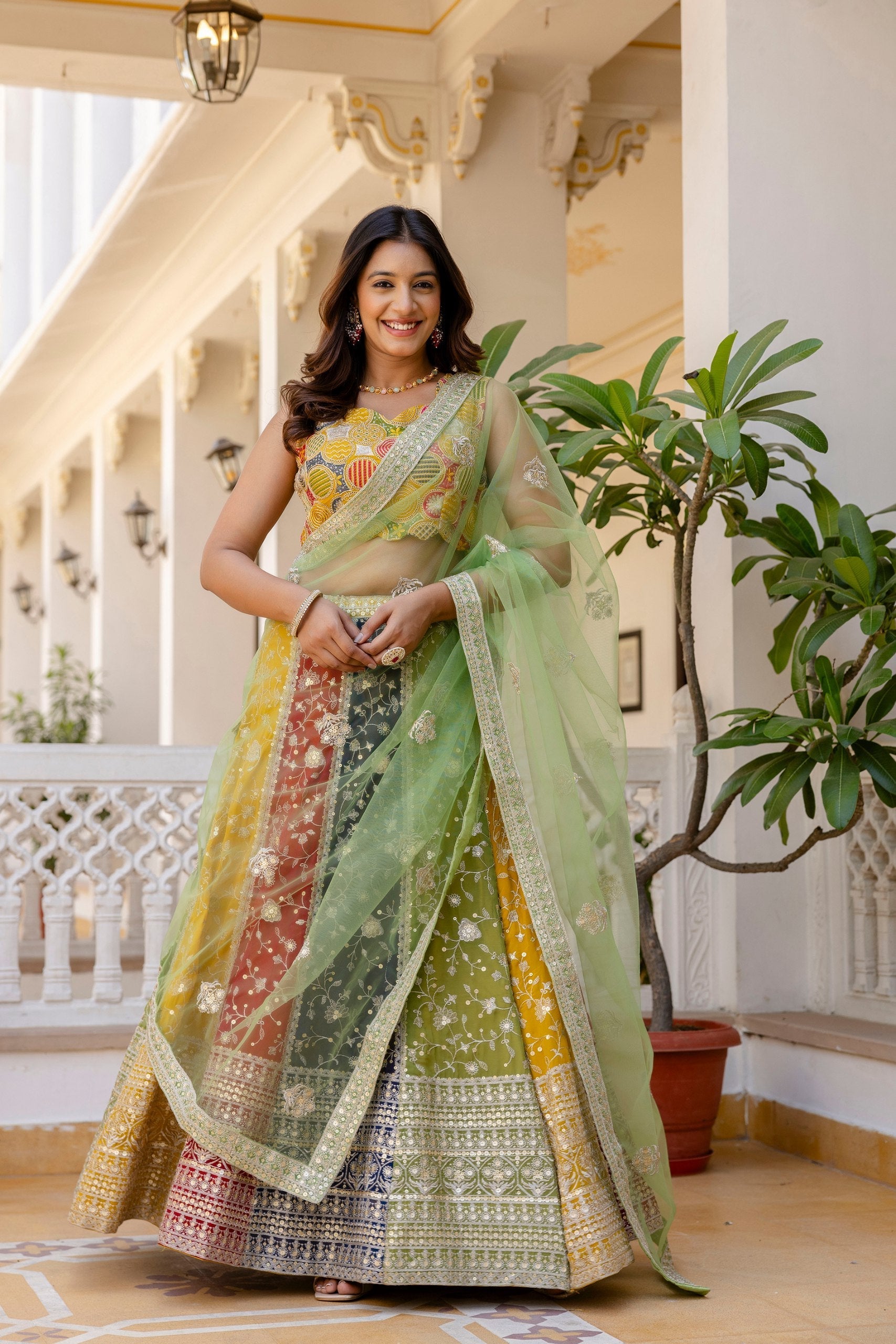 Multi Colour Faux Georgette Sequins Embroidered Lehenga Set with Designer Net Dupatta – Semi-Stitche