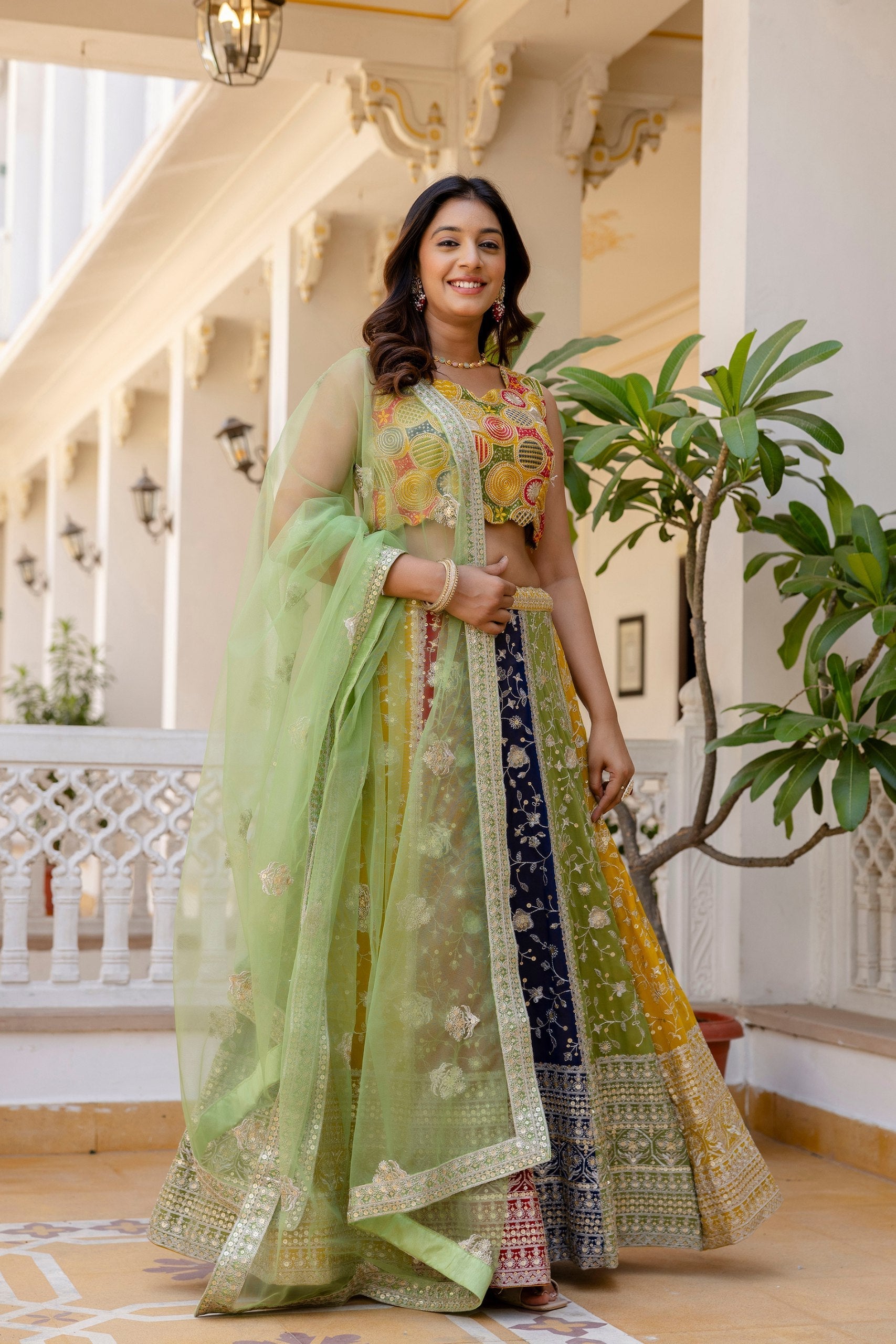 Multi Colour Faux Georgette Sequins Embroidered Lehenga Set with Designer Net Dupatta – Semi-Stitche