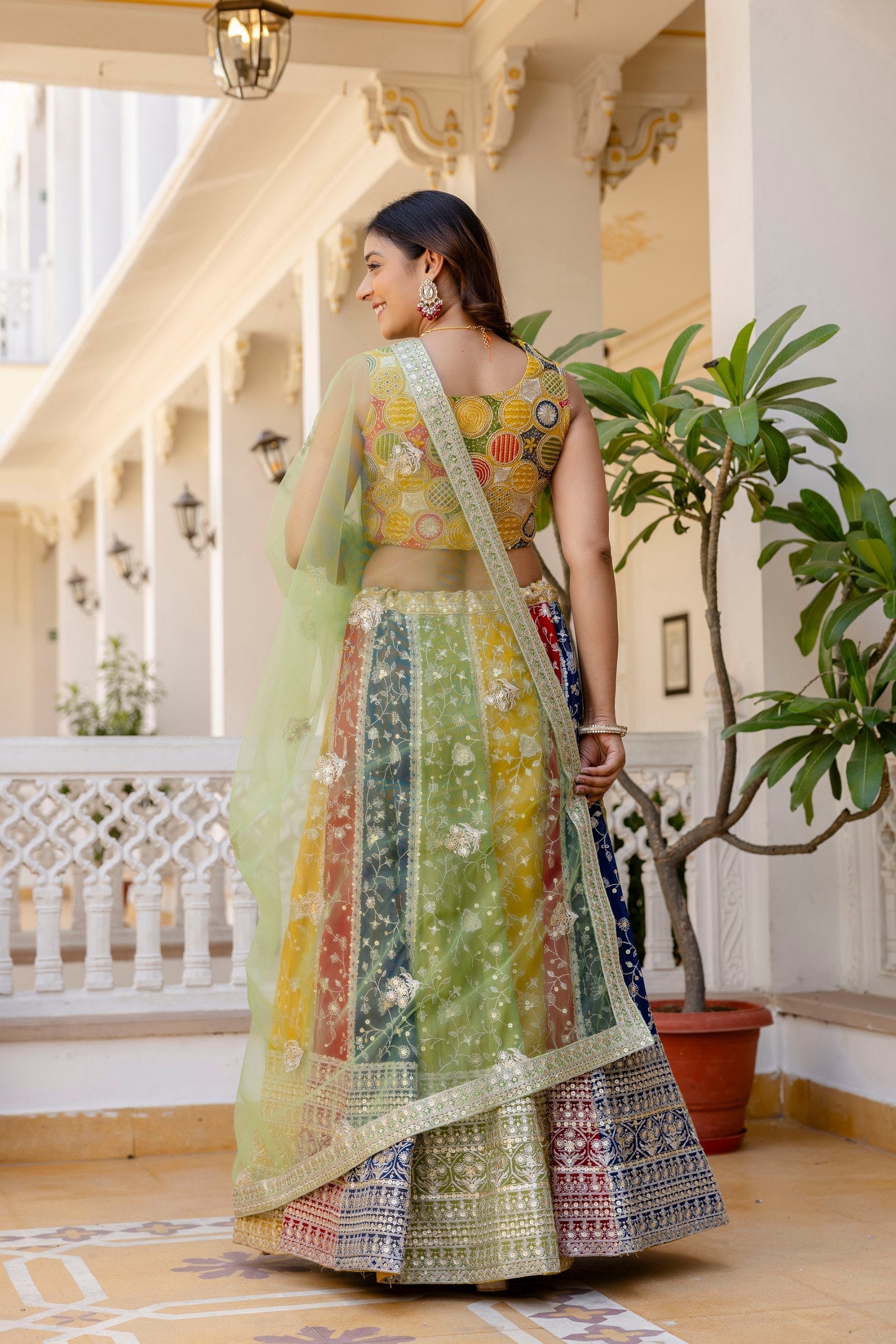Multi Colour Faux Georgette Sequins Embroidered Lehenga Set with Designer Net Dupatta – Semi-Stitche