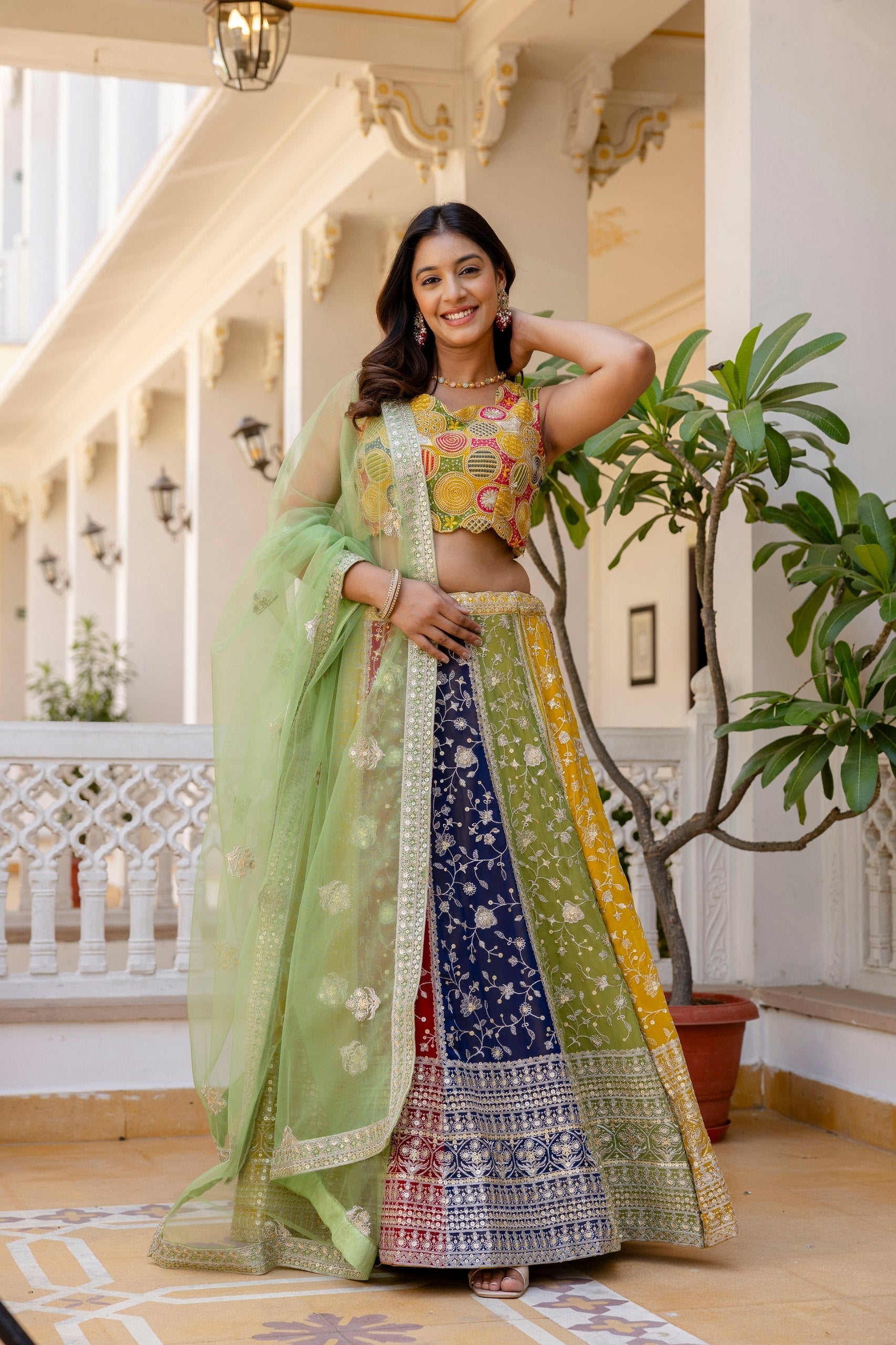Multi Colour Faux Georgette Sequins Embroidered Lehenga Set with Designer Net Dupatta – Semi-Stitche