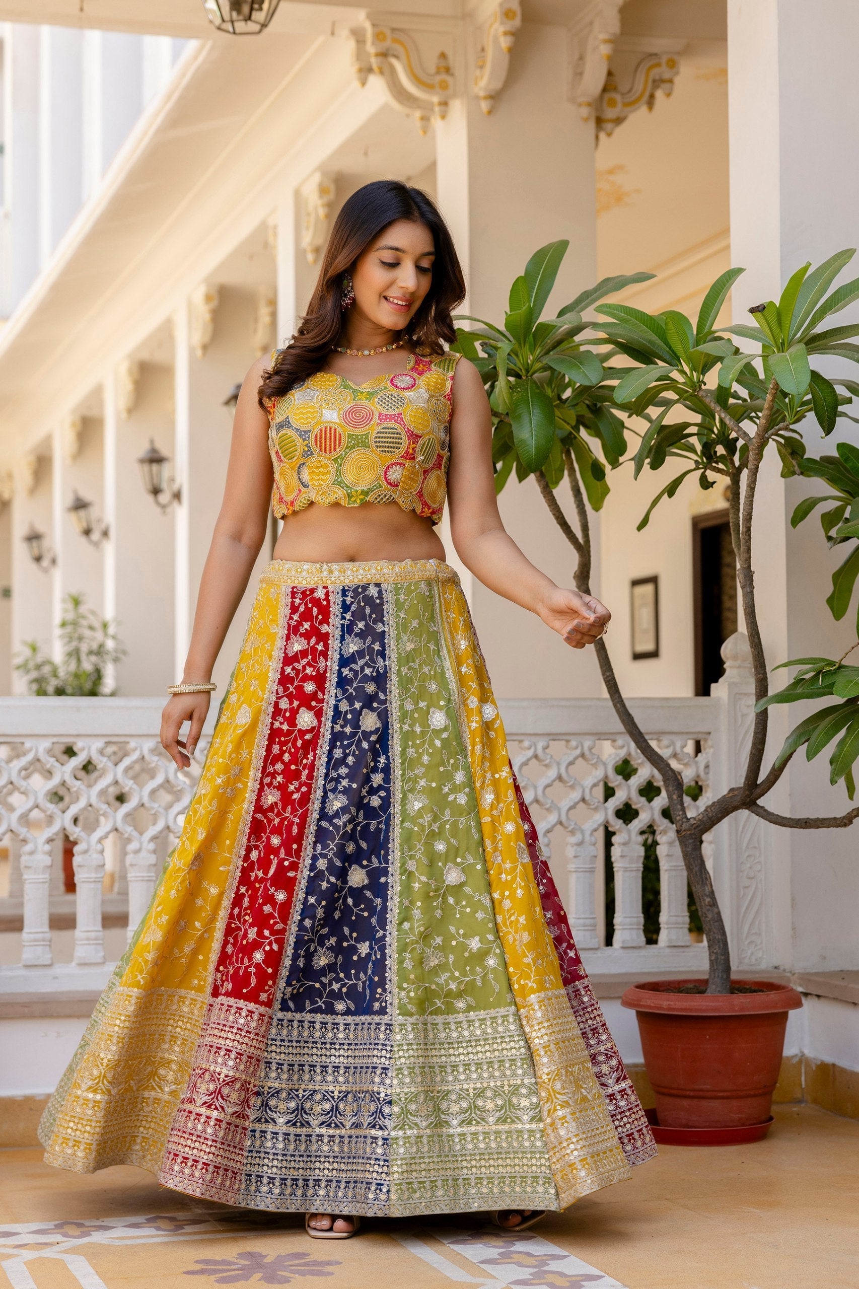 Multi Colour Faux Georgette Sequins Embroidered Lehenga Set with Designer Net Dupatta – Semi-Stitche