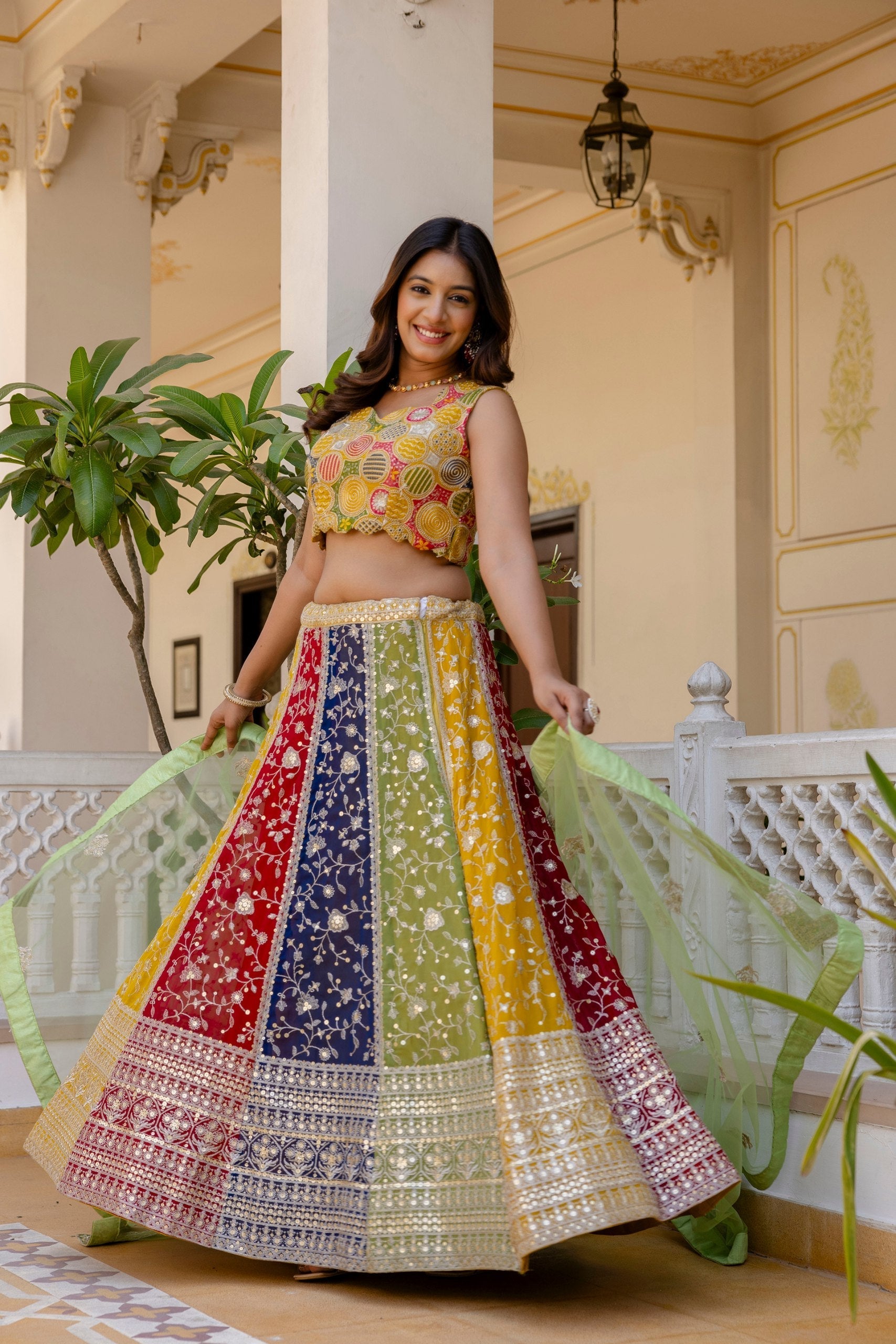 Multi Colour Faux Georgette Sequins Embroidered Lehenga Set with Designer Net Dupatta – Semi-Stitche