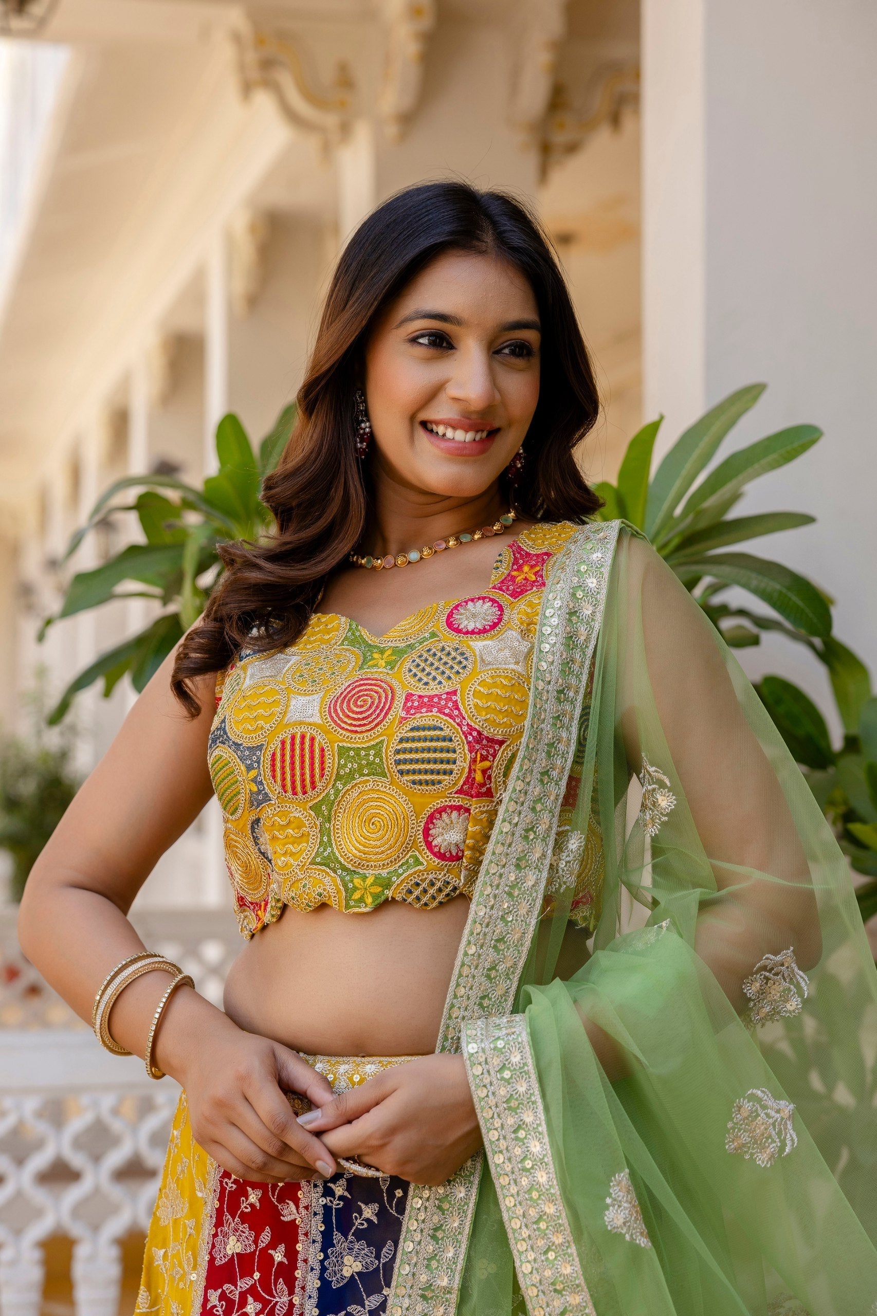 Multi Colour Faux Georgette Sequins Embroidered Lehenga Set with Designer Net Dupatta – Semi-Stitche