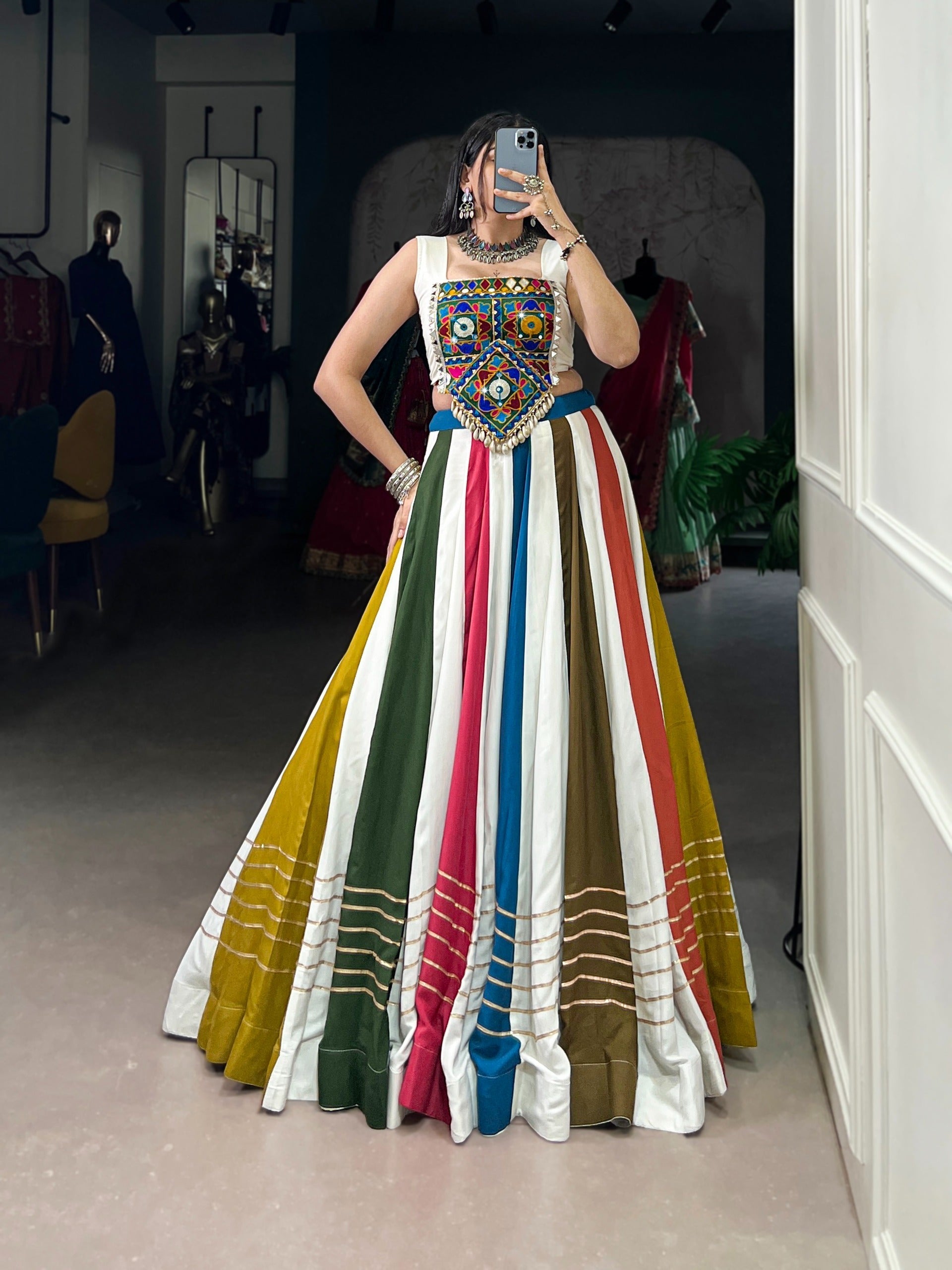 Multi Colour Mirror Work Gota Patti Lehenga