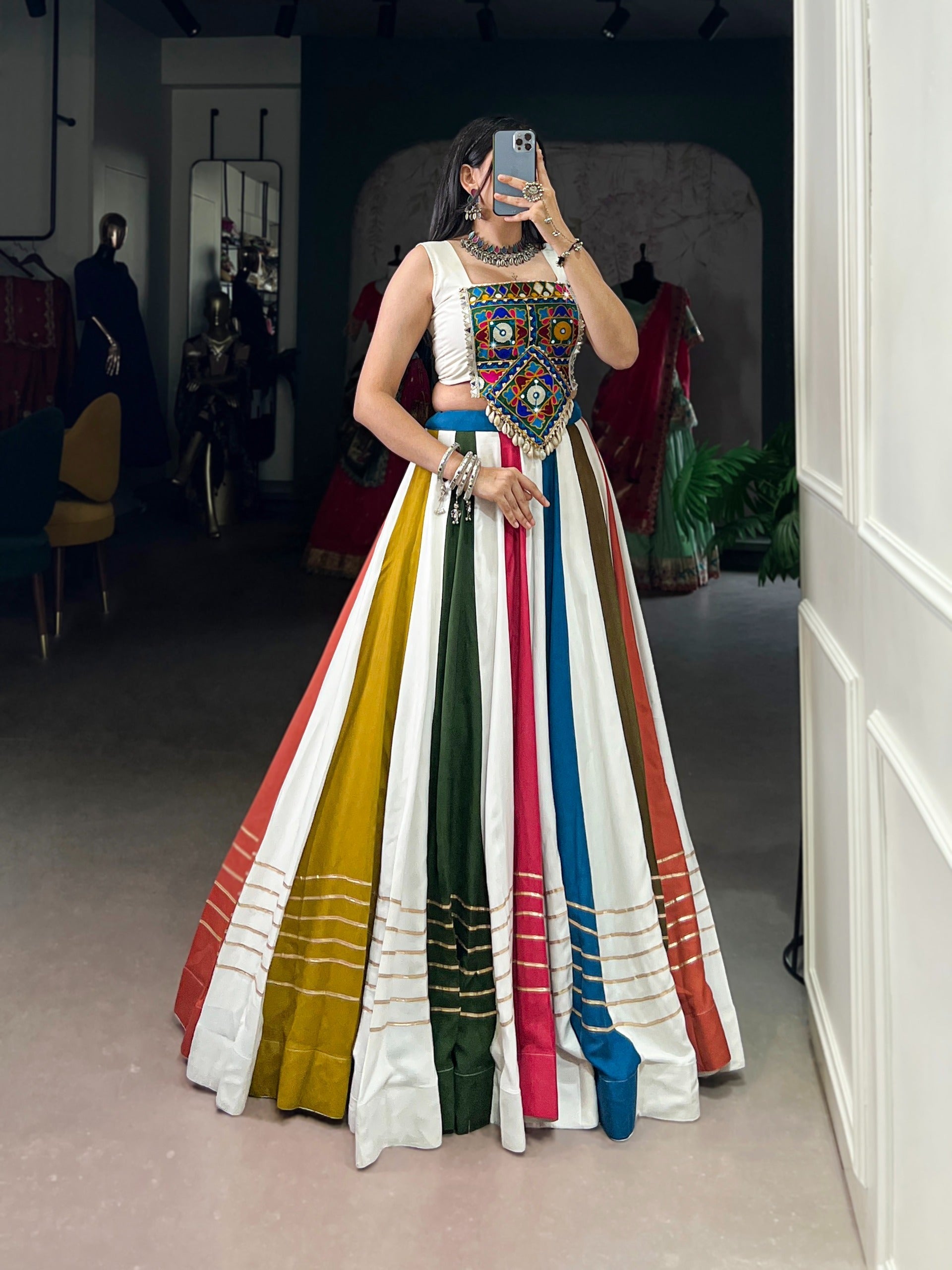 Multi Colour Mirror Work Gota Patti Lehenga