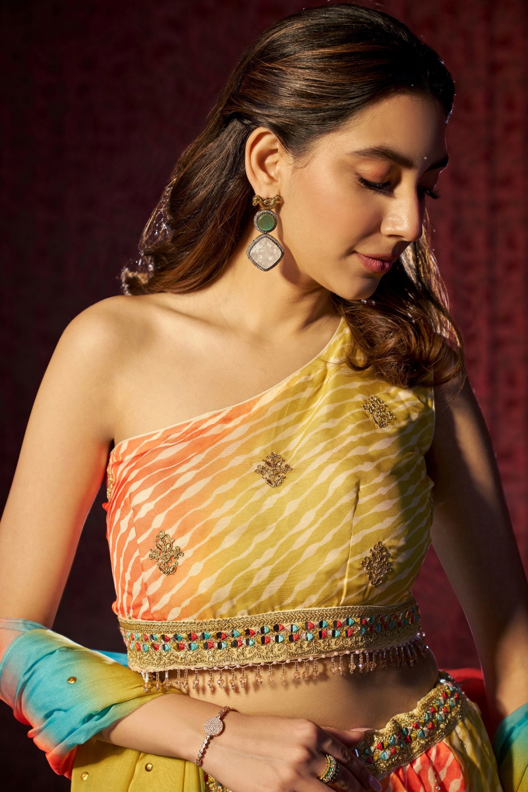 Multi Colour Organza Semi-Stitched Lehenga Choli with Mukaish Work Dupatta & Embroidered Digital Print