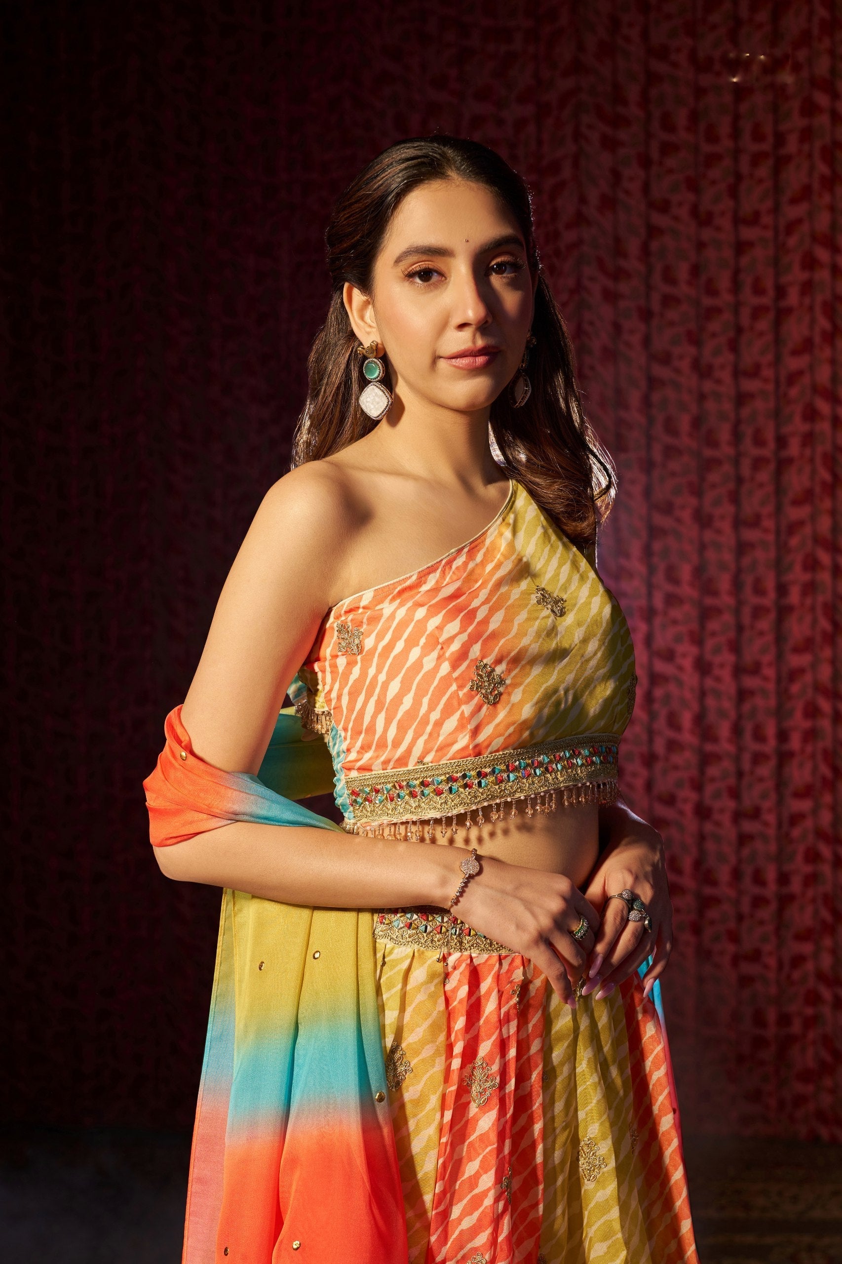 Multi Colour Organza Semi-Stitched Lehenga Choli with Mukaish Work Dupatta & Embroidered Digital Print