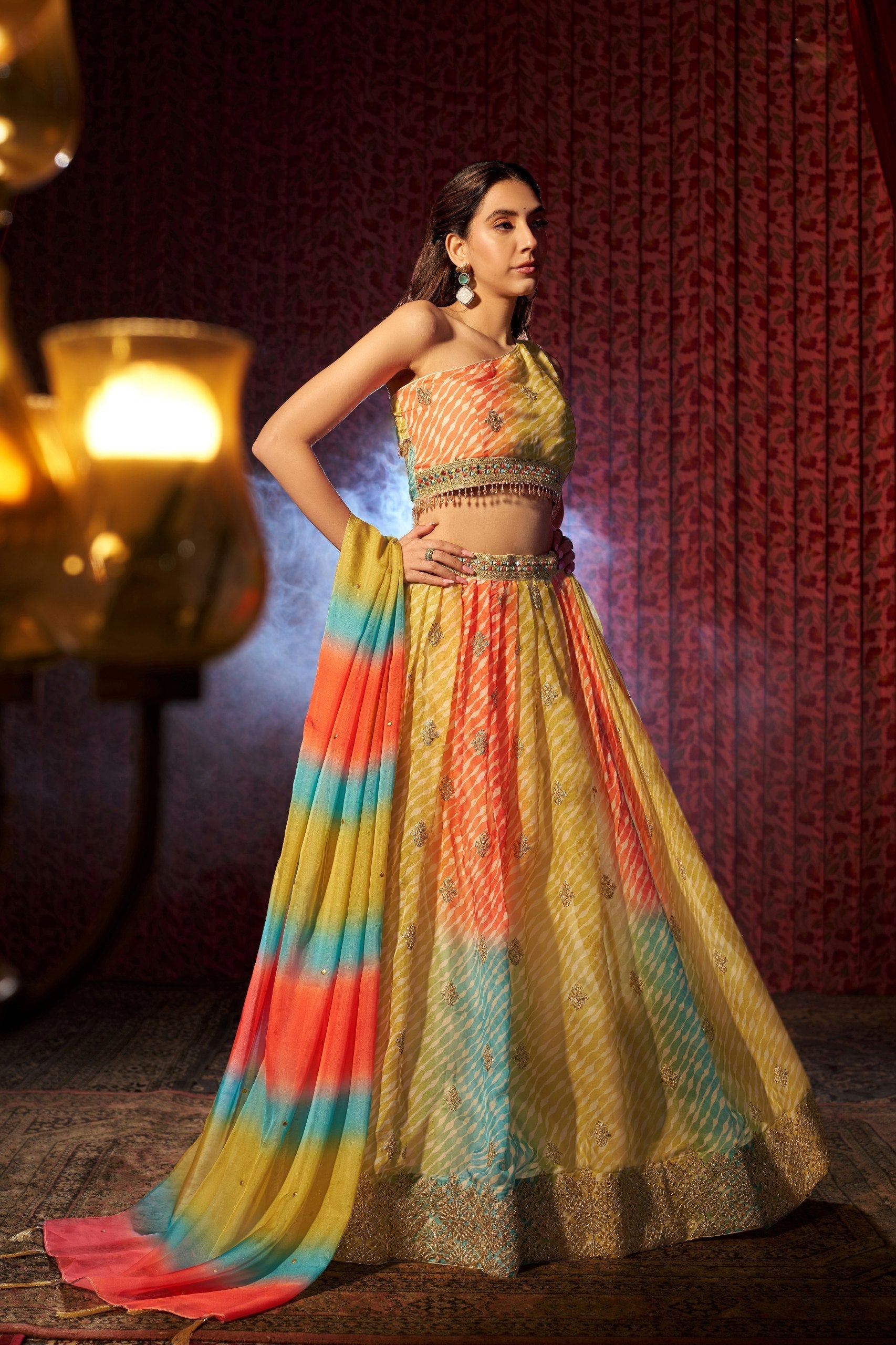 Multi Colour Organza Semi-Stitched Lehenga Choli with Mukaish Work Dupatta & Embroidered Digital Print