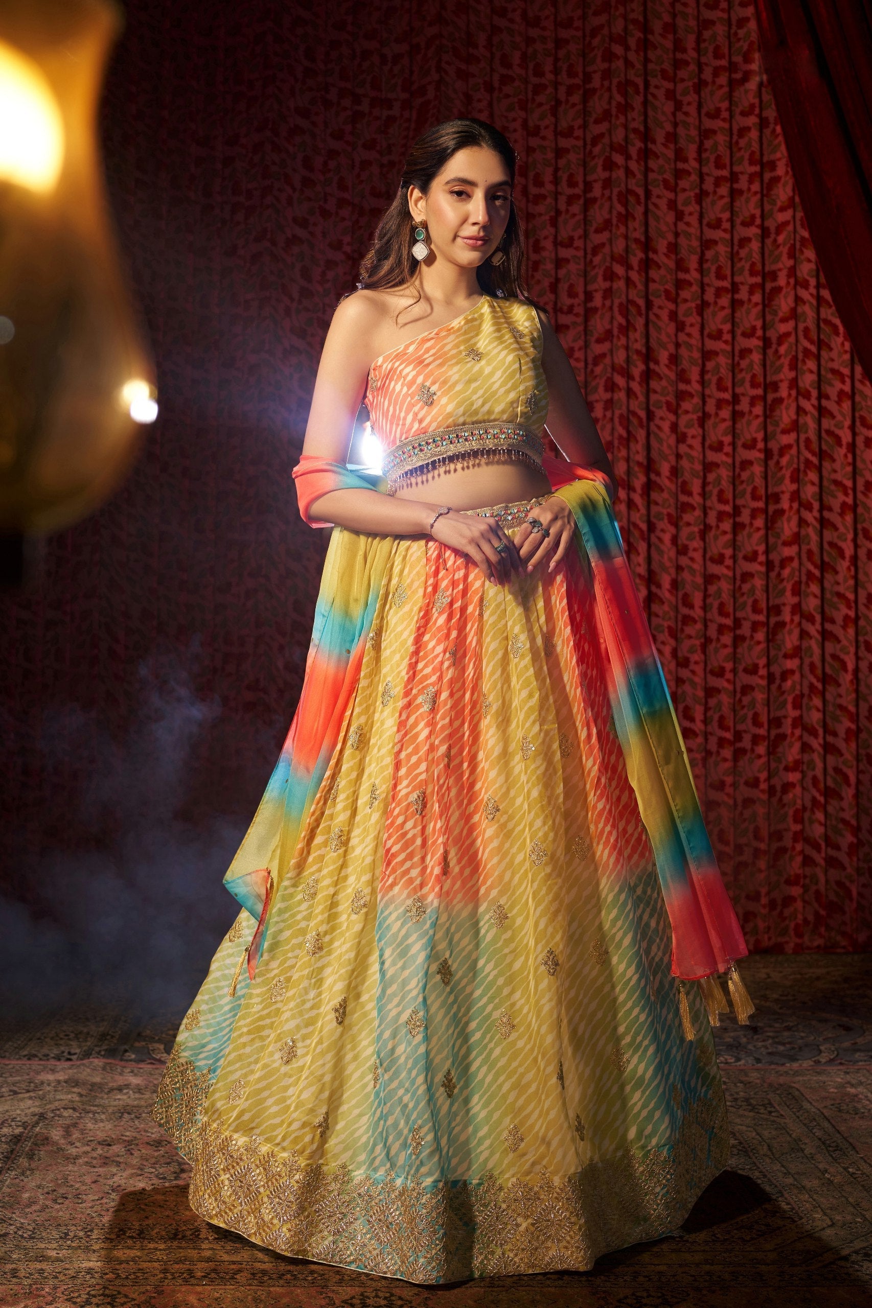 Multi Colour Organza Semi-Stitched Lehenga Choli with Mukaish Work Dupatta & Embroidered Digital Print
