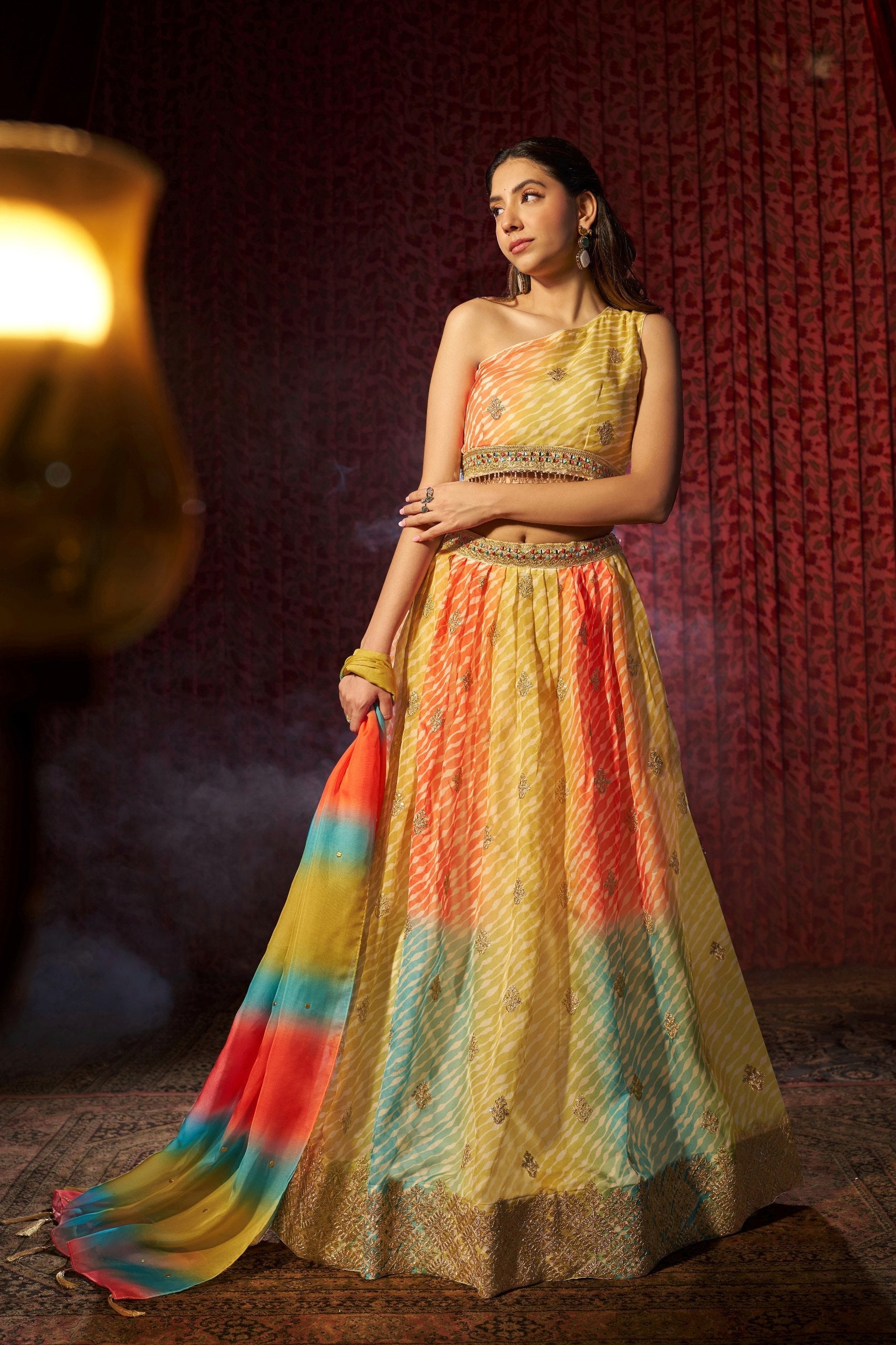 Multi Colour Organza Semi-Stitched Lehenga Choli with Mukaish Work Dupatta & Embroidered Digital Print