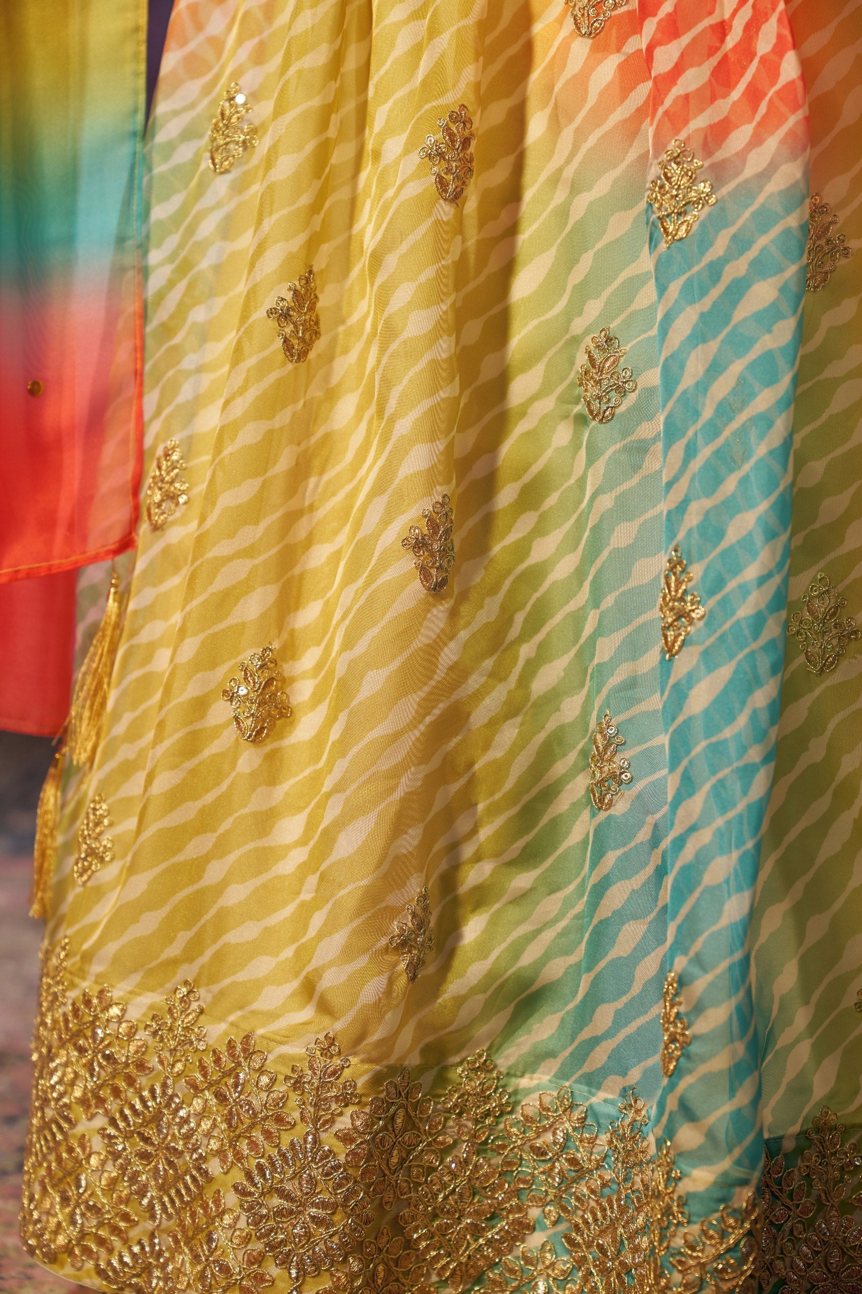 Multi Colour Organza Semi-Stitched Lehenga Choli with Mukaish Work Dupatta & Embroidered Digital Print