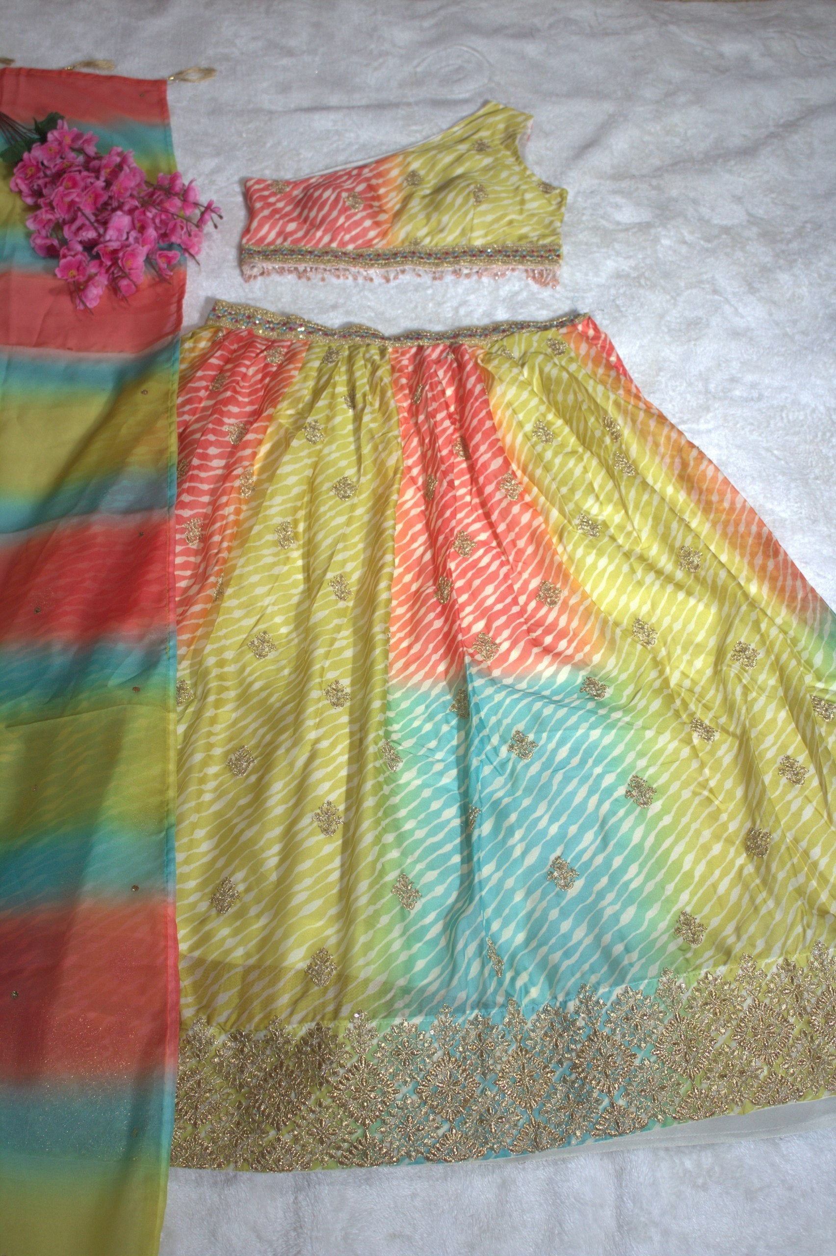 Multi Colour Organza Semi-Stitched Lehenga Choli with Mukaish Work Dupatta & Embroidered Digital Print