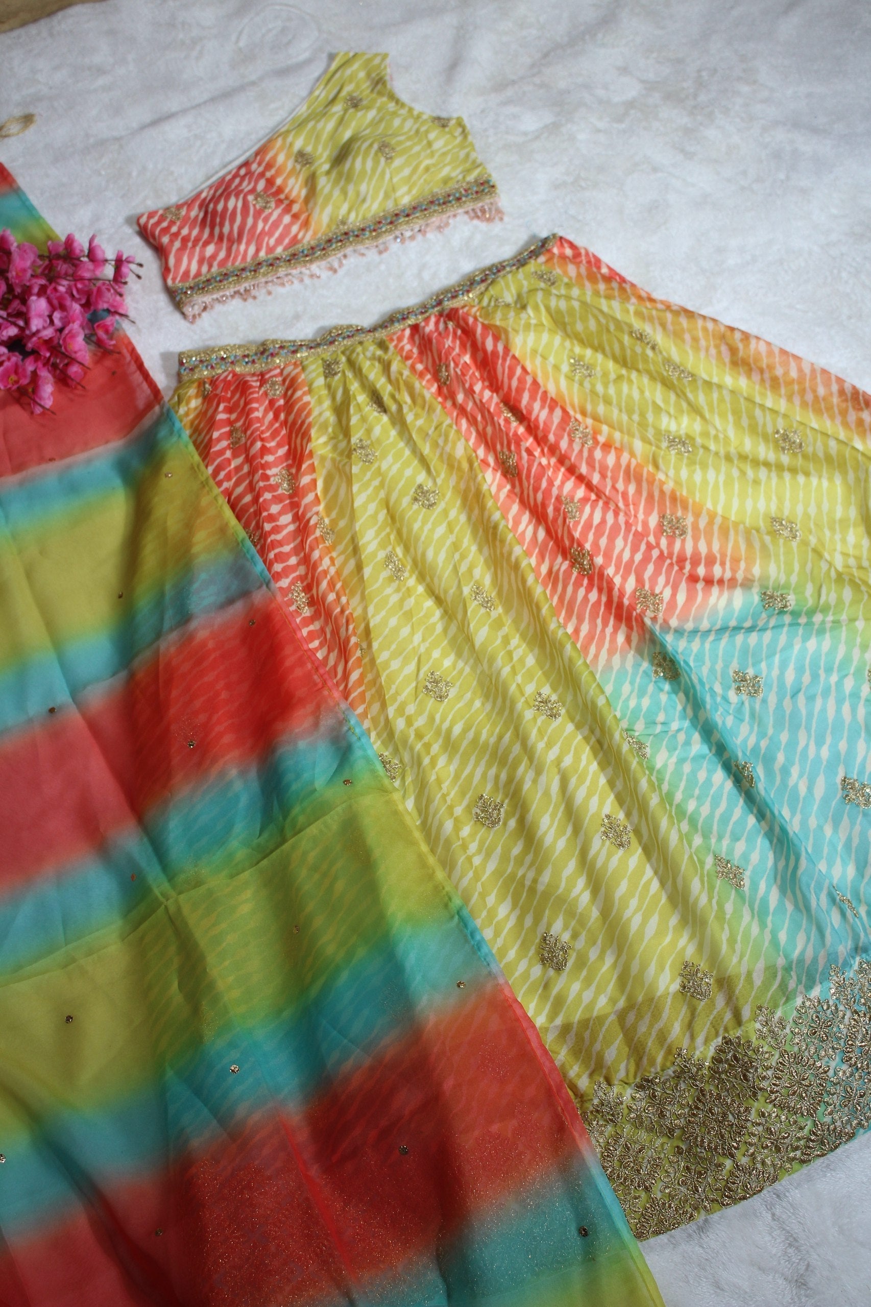 Multi Colour Organza Semi-Stitched Lehenga Choli with Mukaish Work Dupatta & Embroidered Digital Print