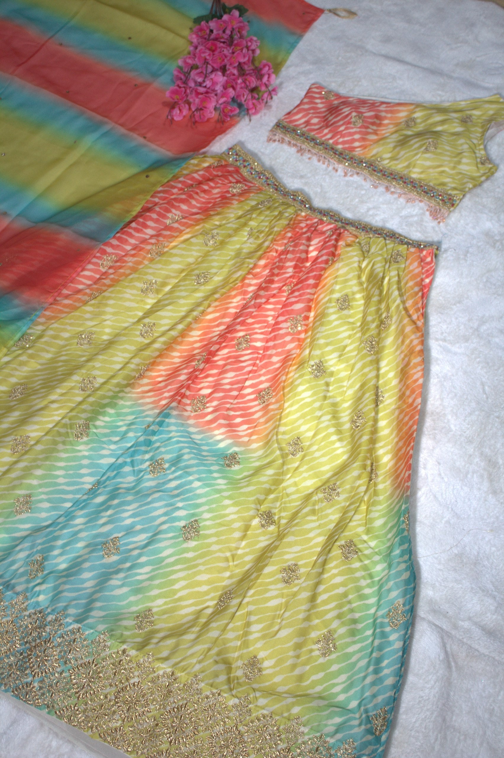 Multi Colour Organza Semi-Stitched Lehenga Choli with Mukaish Work Dupatta & Embroidered Digital Print
