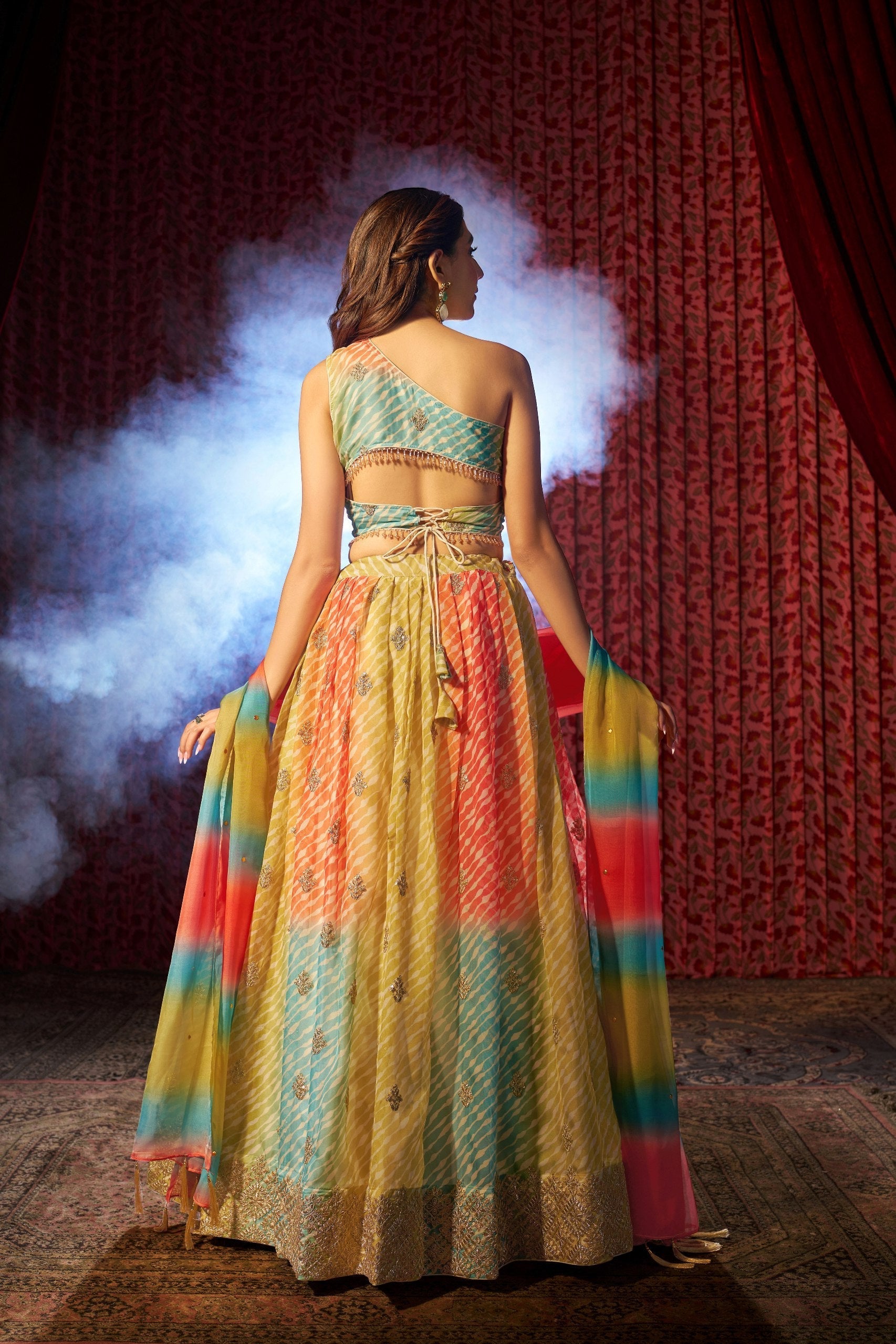Multi Colour Organza Semi-Stitched Lehenga Choli with Mukaish Work Dupatta & Embroidered Digital Print