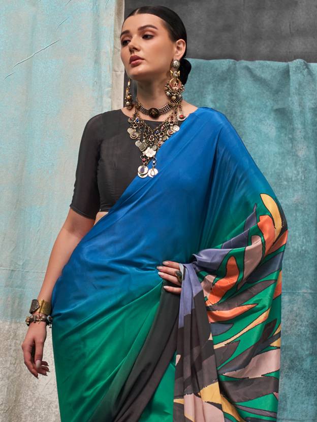 Multi Colour Printed Chanderi Crepe Saree with Unstitched Blouse