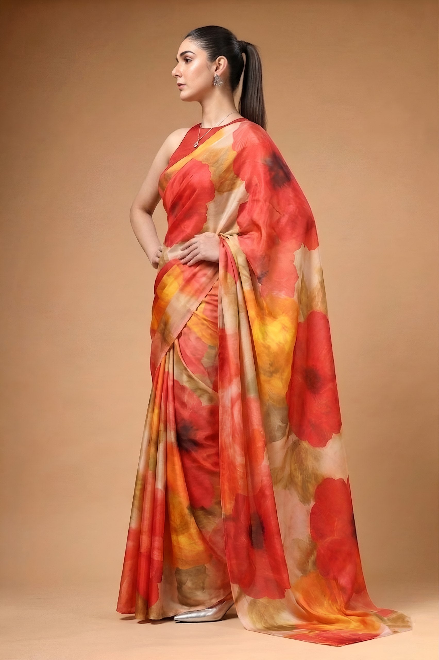 Multi Colour Satin Silk Printed Saree