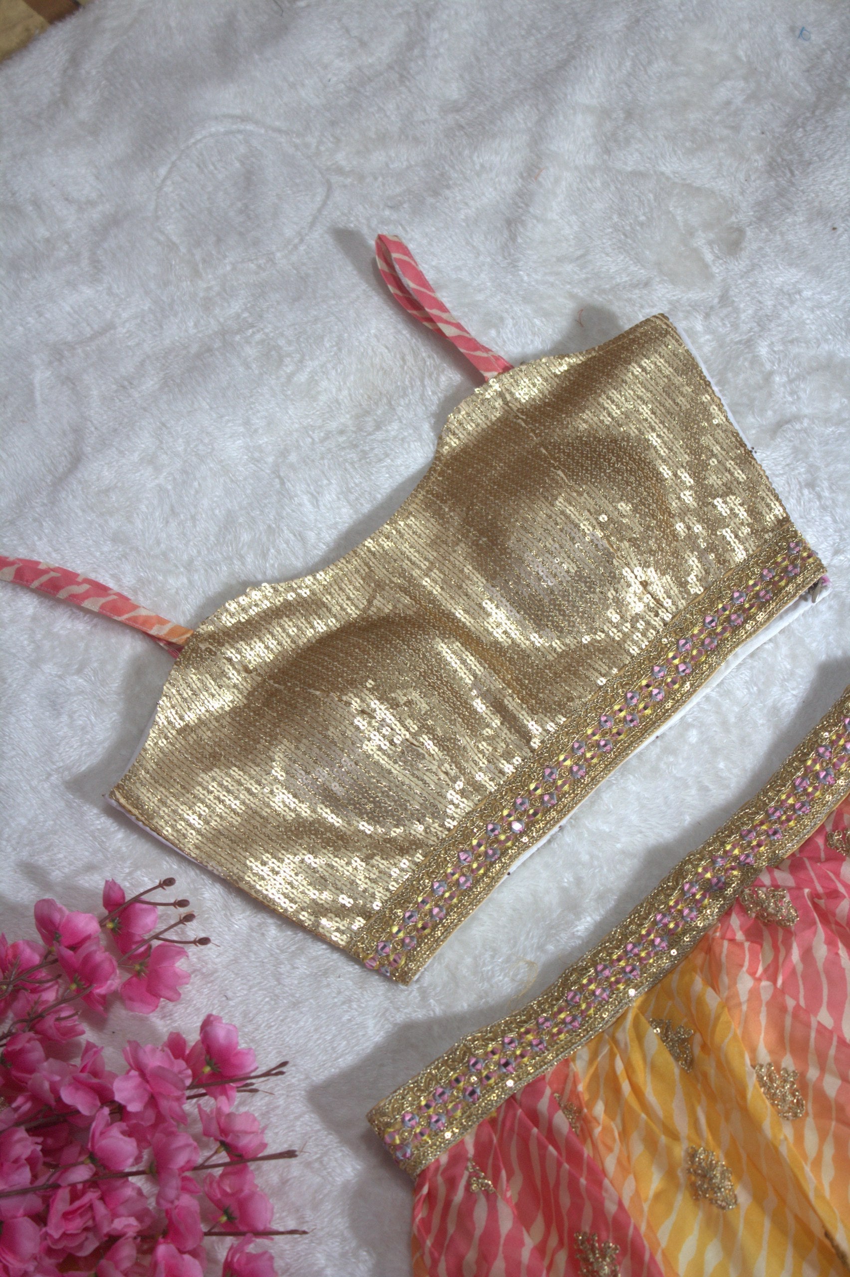 Multi Colour Semi-Stitched Organza Lehenga Choli with Sequins Embroidered Blouse & Printed Dupatta