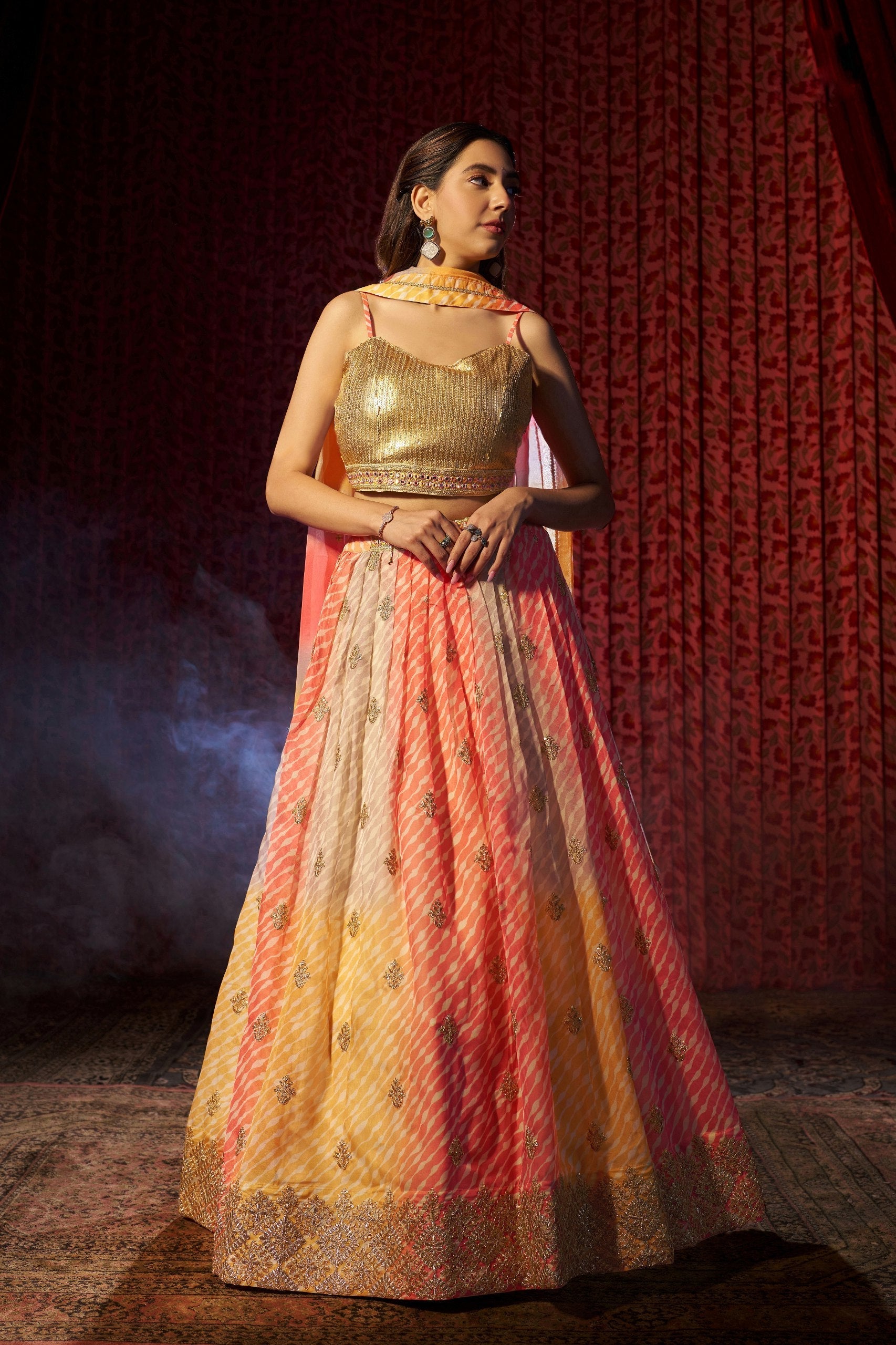 Multi Colour Semi-Stitched Organza Lehenga Choli with Sequins Embroidered Blouse & Printed Dupatta