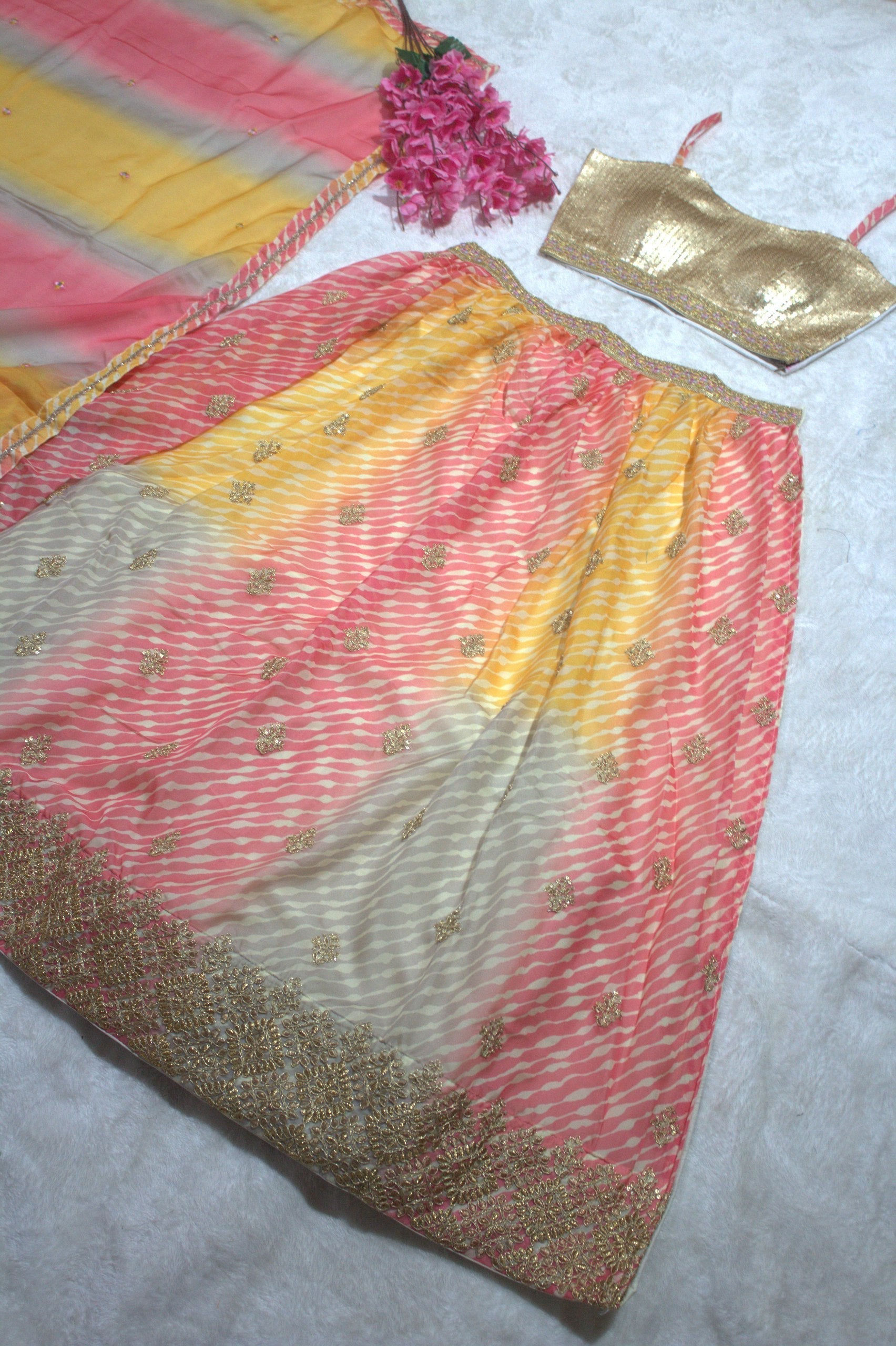 Multi Colour Semi-Stitched Organza Lehenga Choli with Sequins Embroidered Blouse & Printed Dupatta