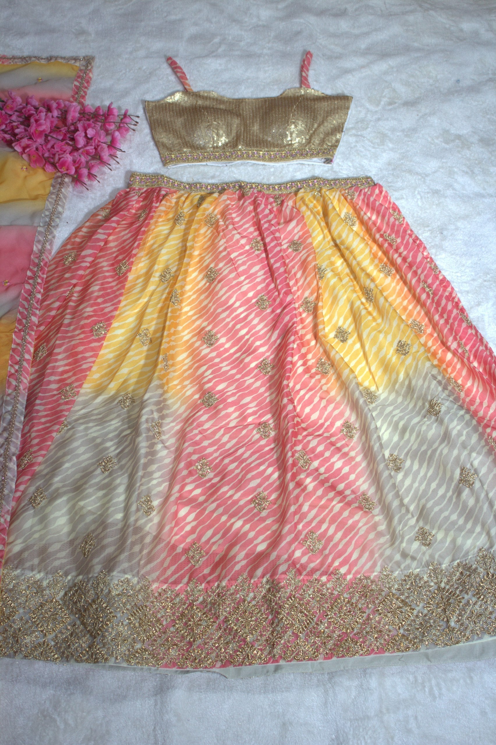 Multi Colour Semi-Stitched Organza Lehenga Choli with Sequins Embroidered Blouse & Printed Dupatta
