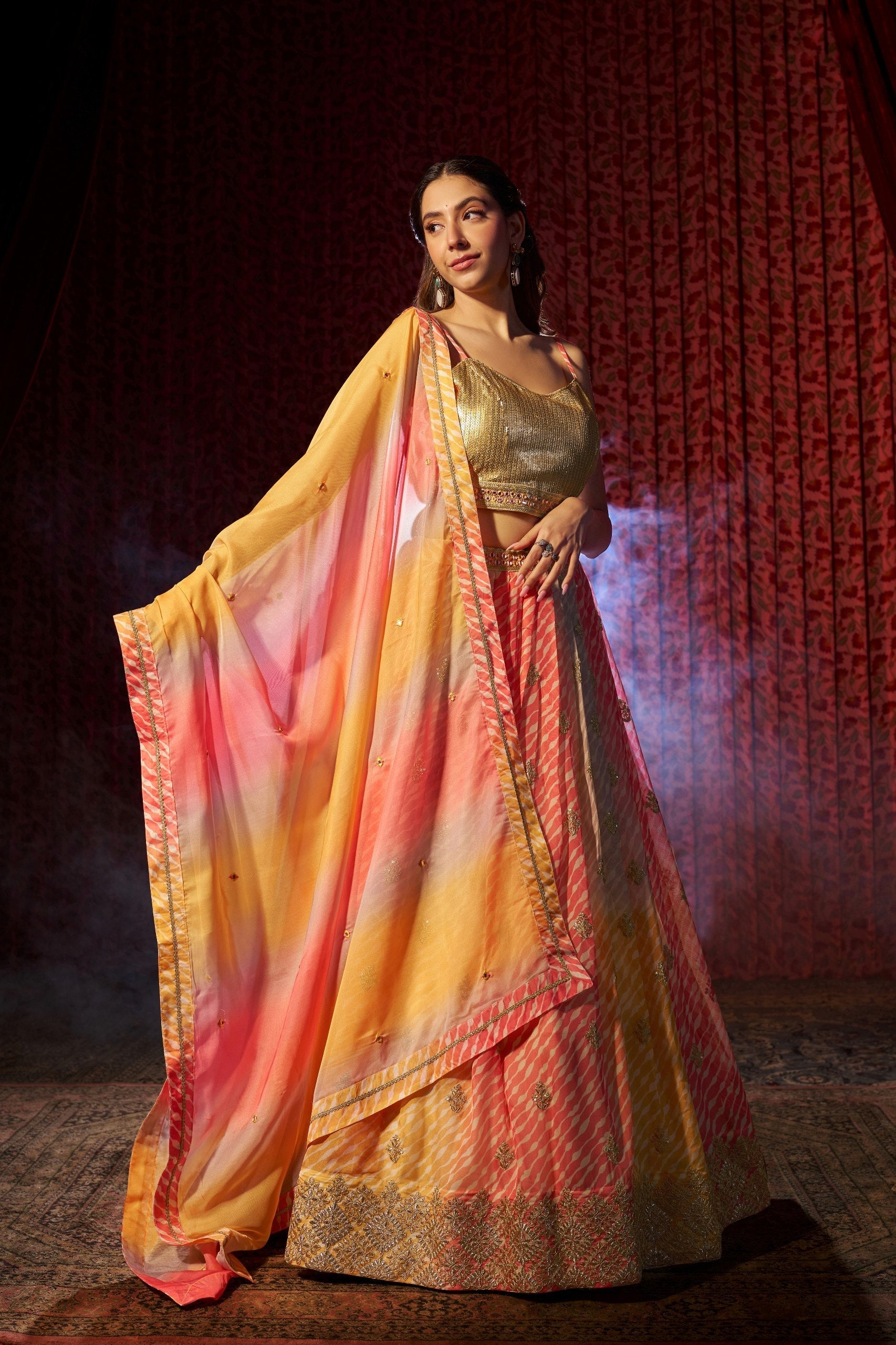 Multi Colour Semi-Stitched Organza Lehenga Choli with Sequins Embroidered Blouse & Printed Dupatta