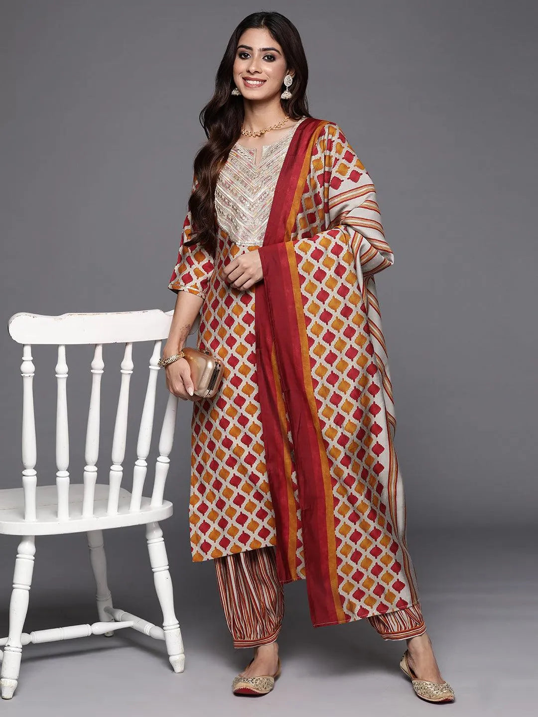 Anouk Multicoloured Printed Silk Blend Straight Suit With Dupatta
