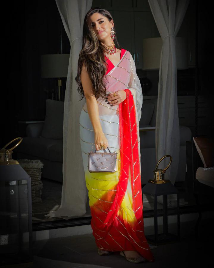 Multicolor Georgette Silk Saree with Dazzling Sequence Work and Red Benglori Satin Blouse