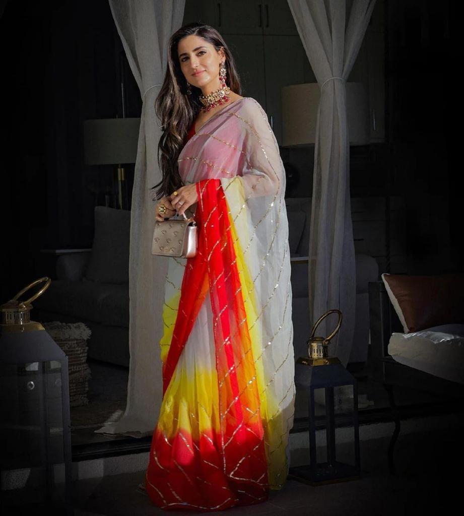 Multicolor Georgette Silk Saree with Dazzling Sequence Work and Red Benglori Satin Blouse