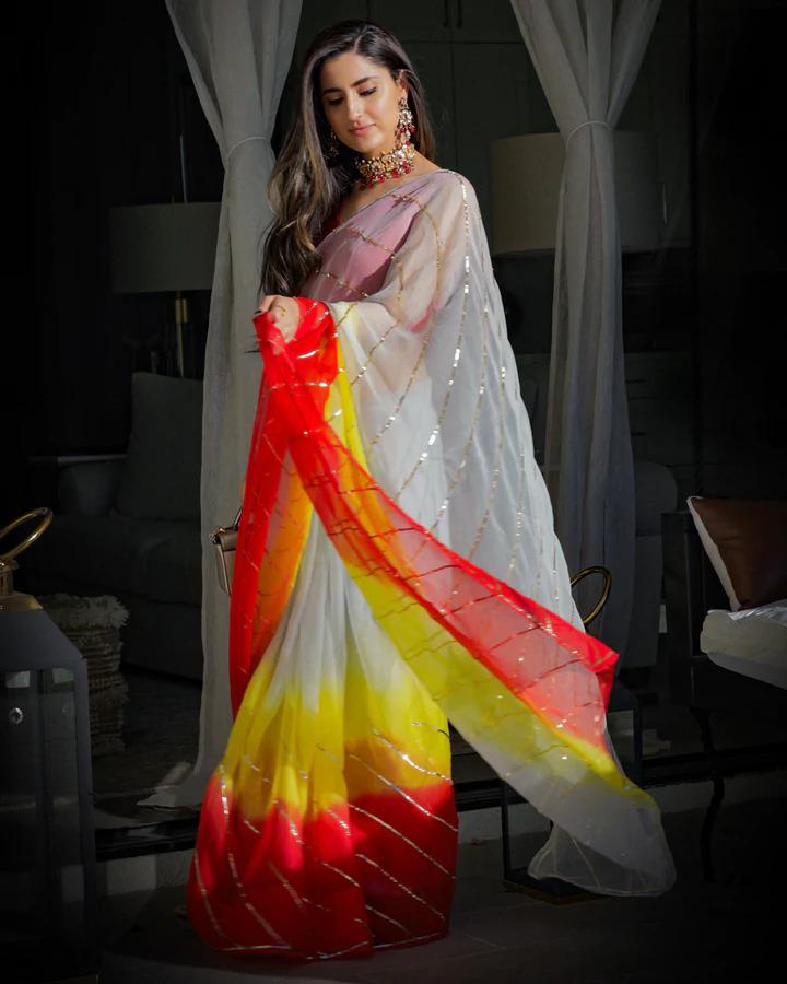 Multicolor Georgette Silk Saree with Dazzling Sequence Work and Red Benglori Satin Blouse