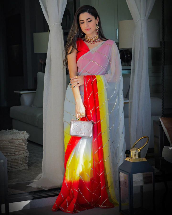 Multicolor Georgette Silk Saree with Dazzling Sequence Work and Red Benglori Satin Blouse