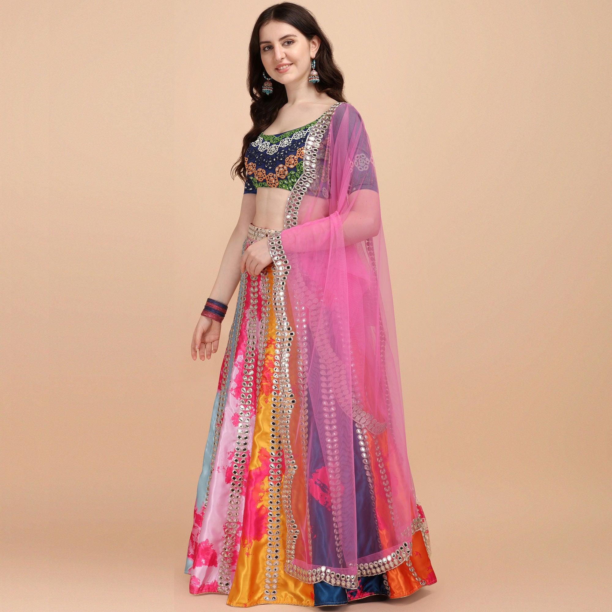 Multicolor Party Wear Digital Printed & Embroidered Satin Lehenga Choli