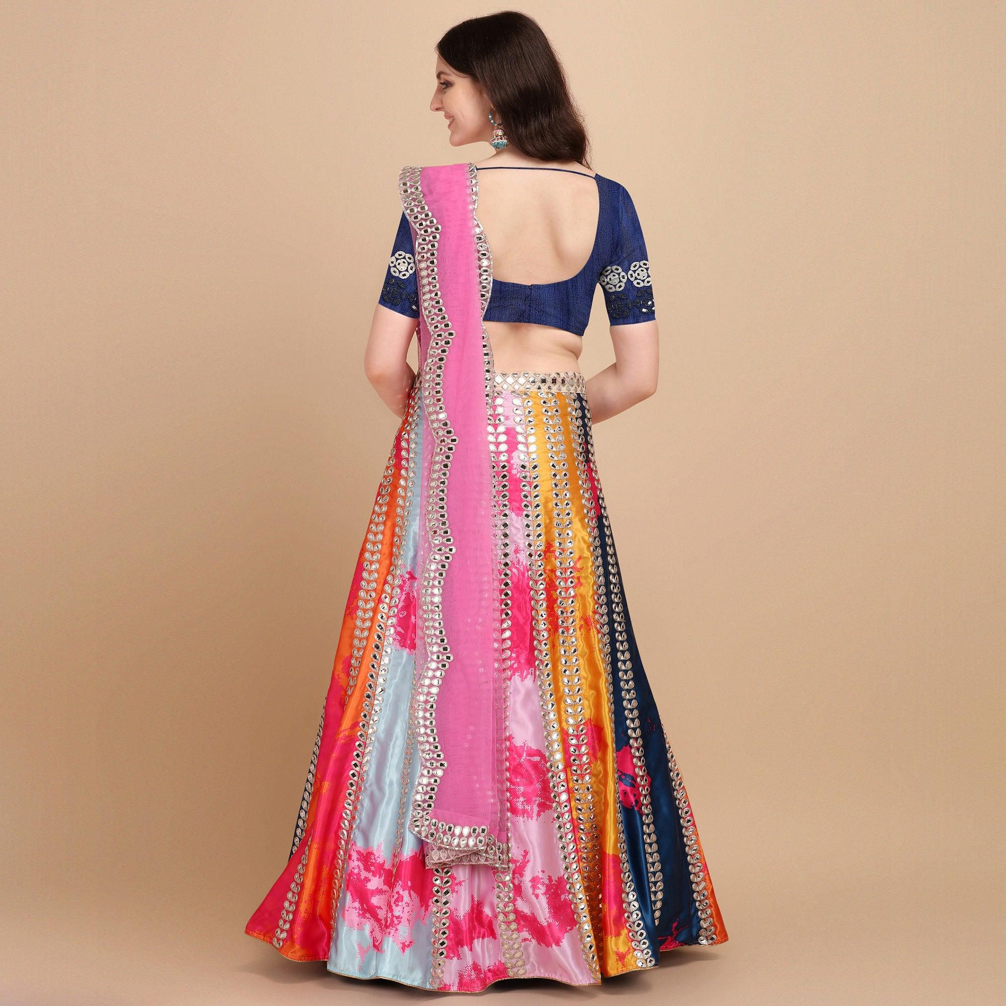 Multicolor Party Wear Digital Printed & Embroidered Satin Lehenga Choli
