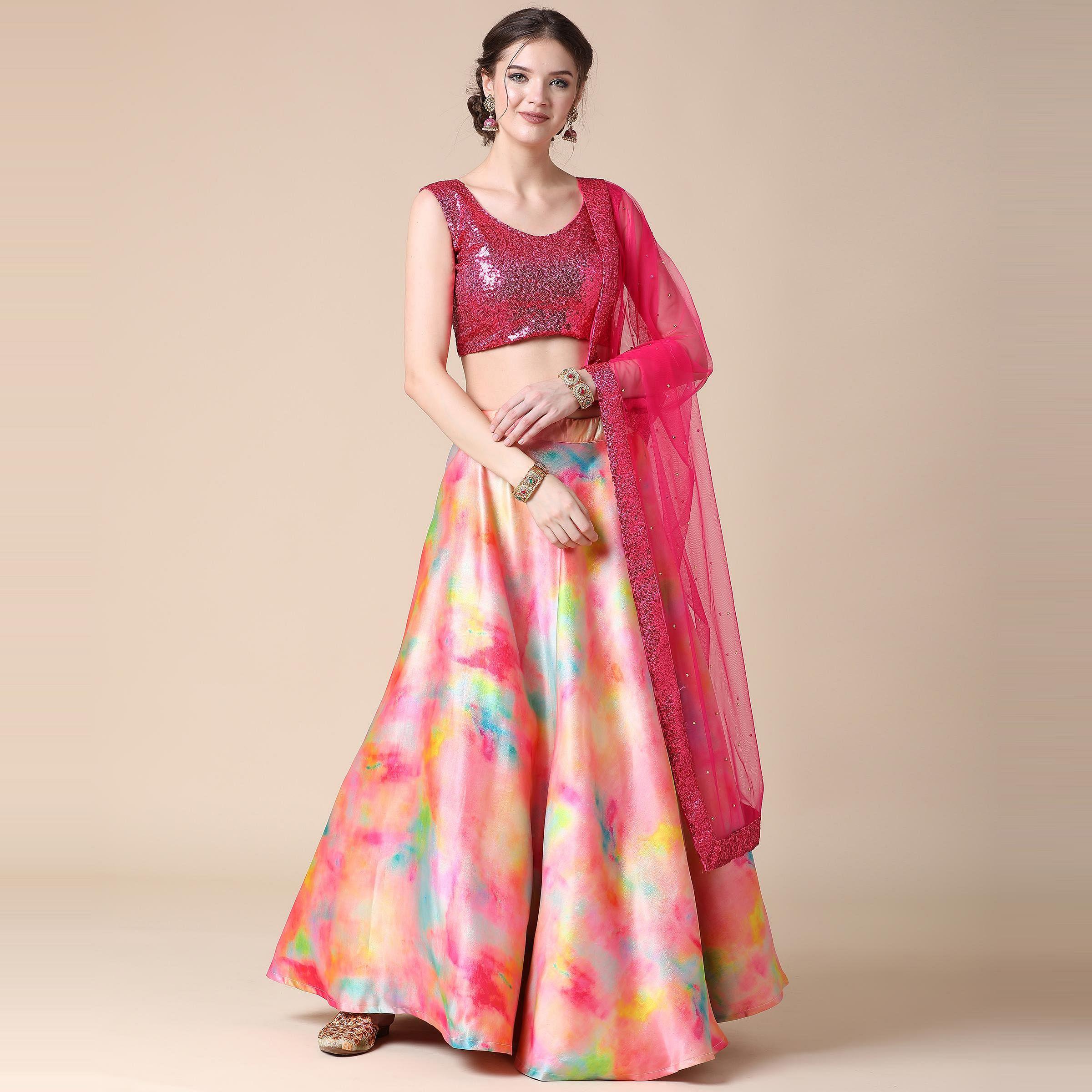 Multicolor Partywear Heavy Digital Printed Heavy Silk Lehenga