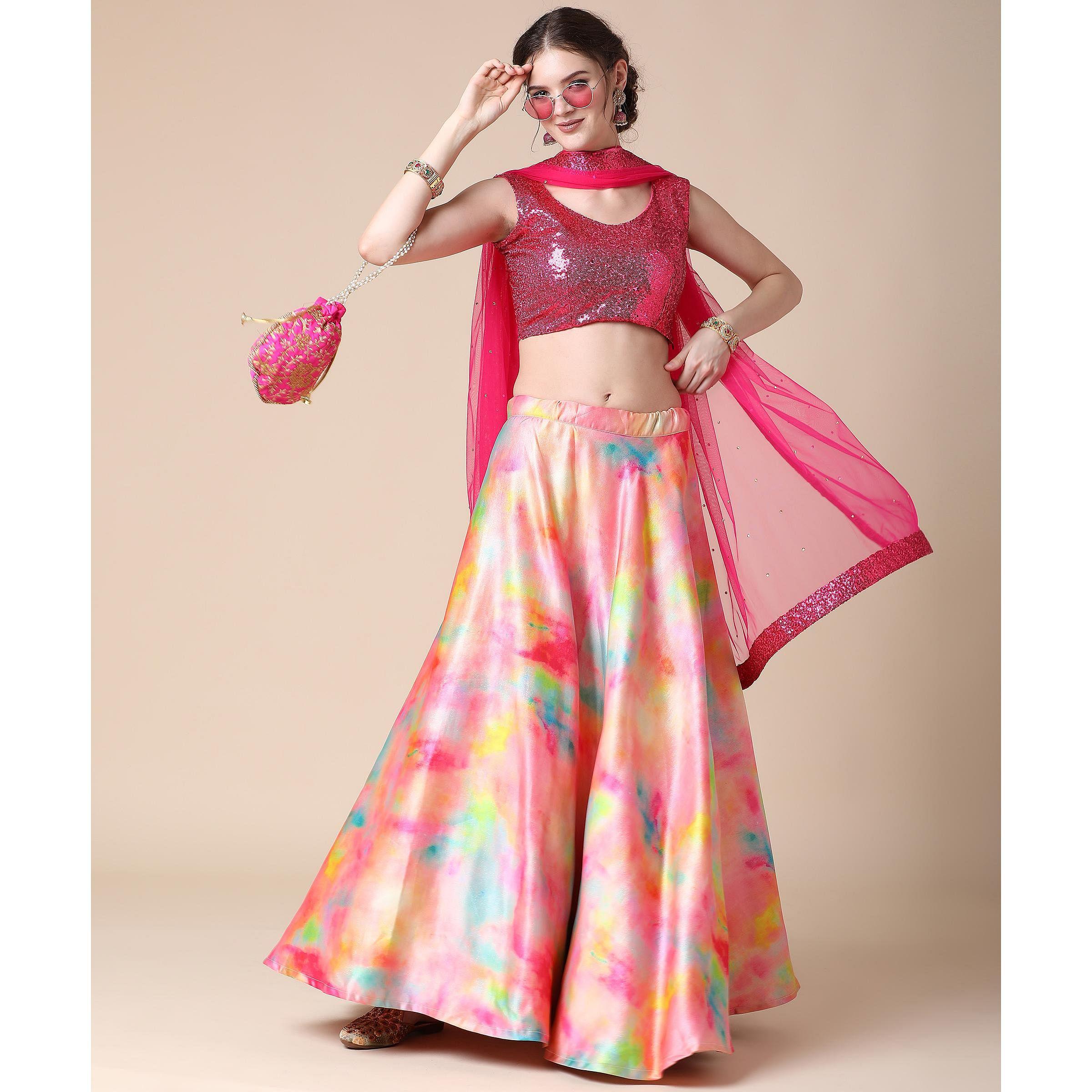 Multicolor Partywear Heavy Digital Printed Heavy Silk Lehenga