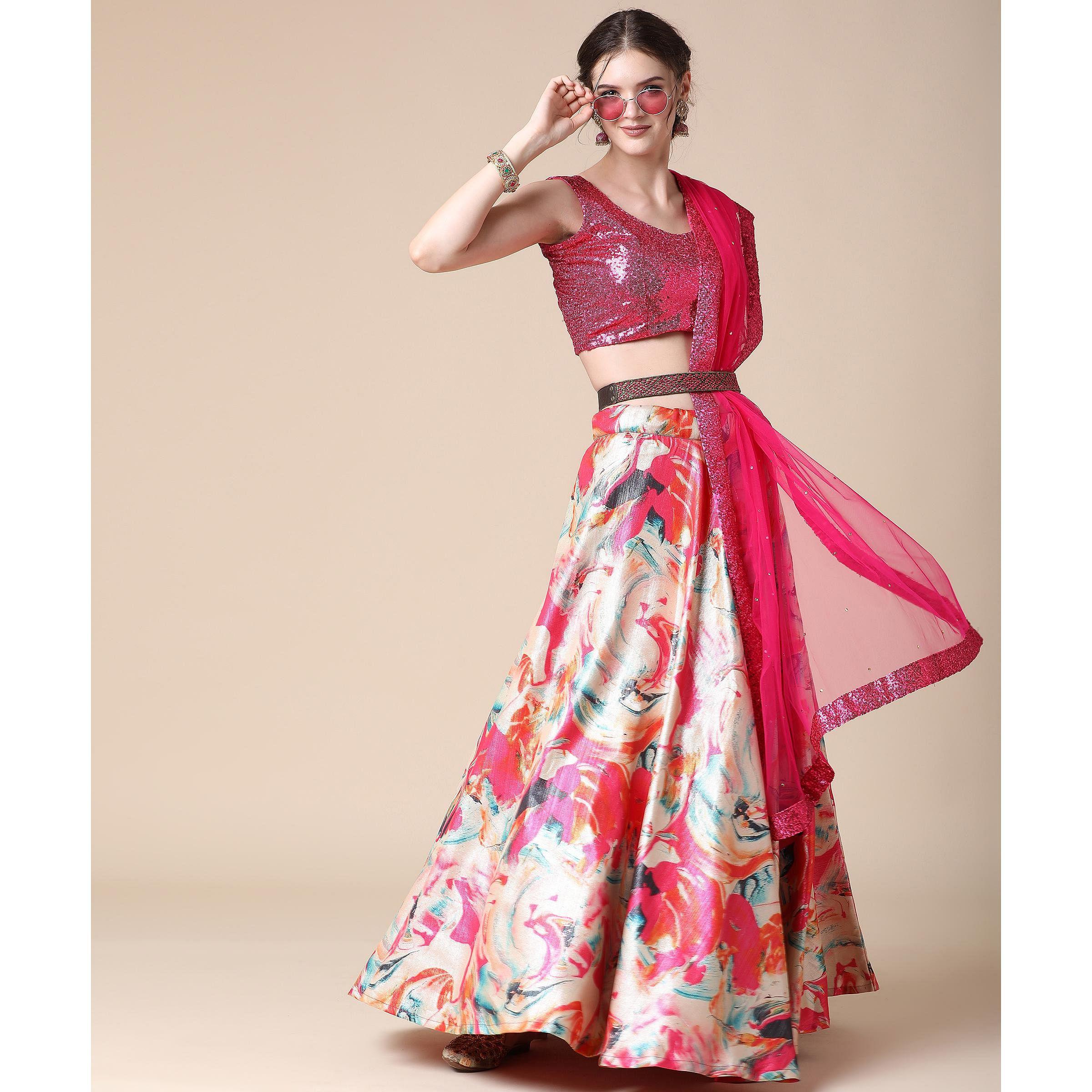 Multicolor Partywear Heavy Digital Printed Heavy Silk Lehenga