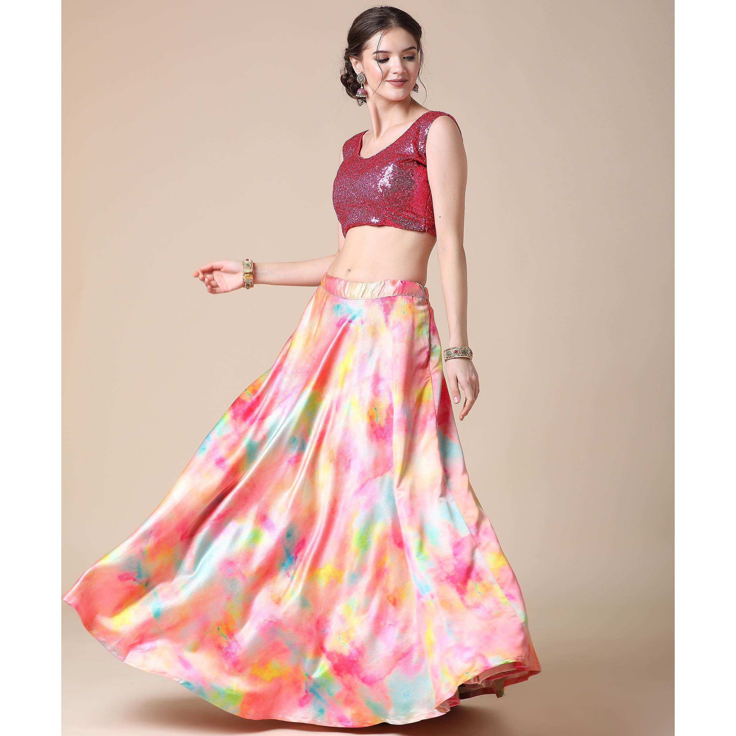 Multicolor Partywear Heavy Digital Printed Heavy Silk Lehenga