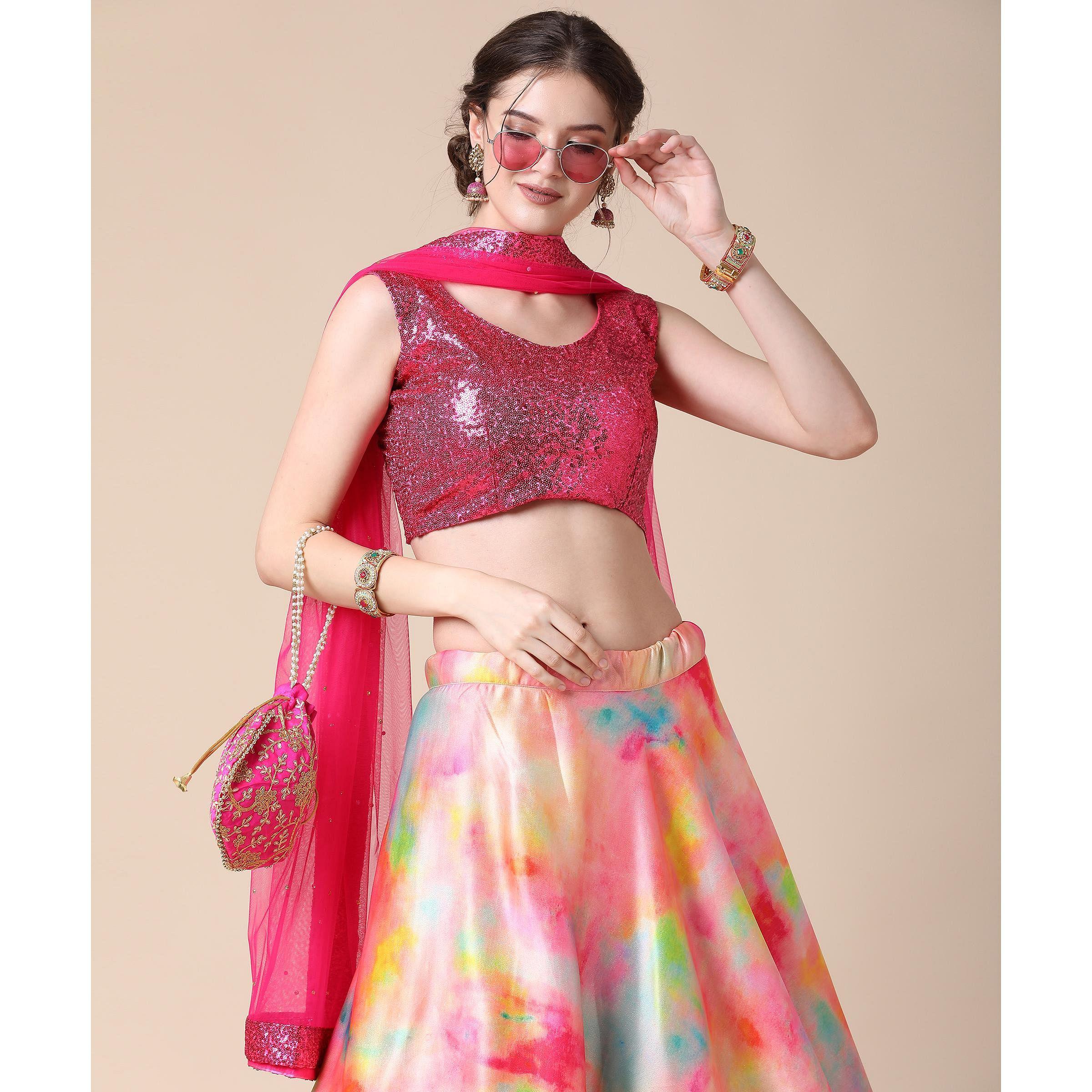 Multicolor Partywear Heavy Digital Printed Heavy Silk Lehenga