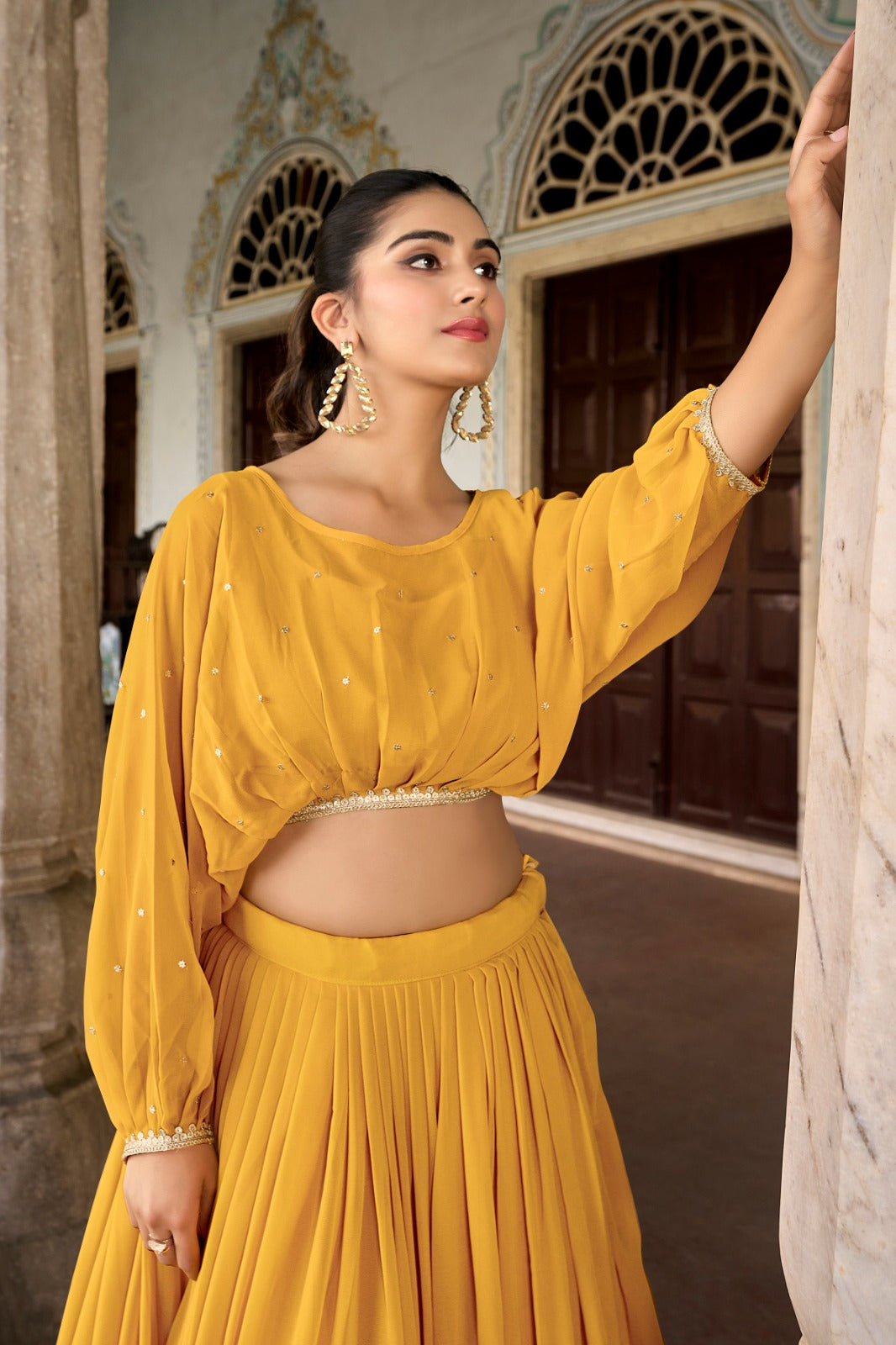Mustard Breathtaking Embroidered Georgette Lehenga Co-ord Set