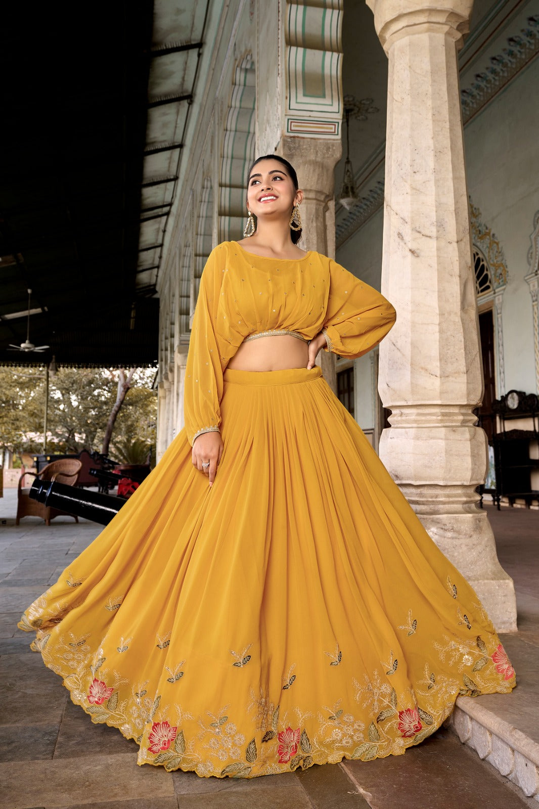 Mustard Breathtaking Embroidered Georgette Lehenga Co-ord Set