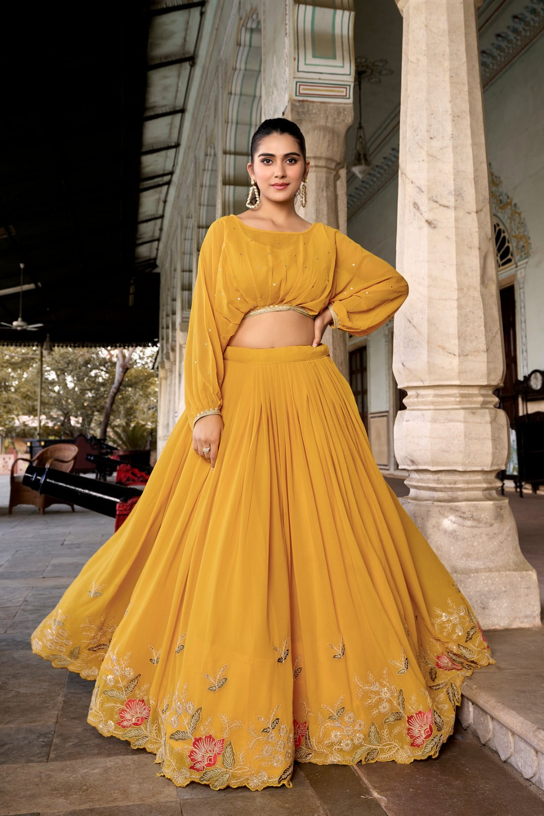 Mustard Breathtaking Embroidered Georgette Lehenga Co-ord Set