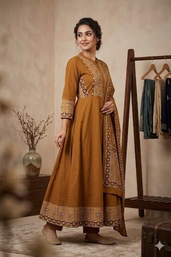 Mustard Cotton Flared Anarkali Suit Set with Printed Dupatta