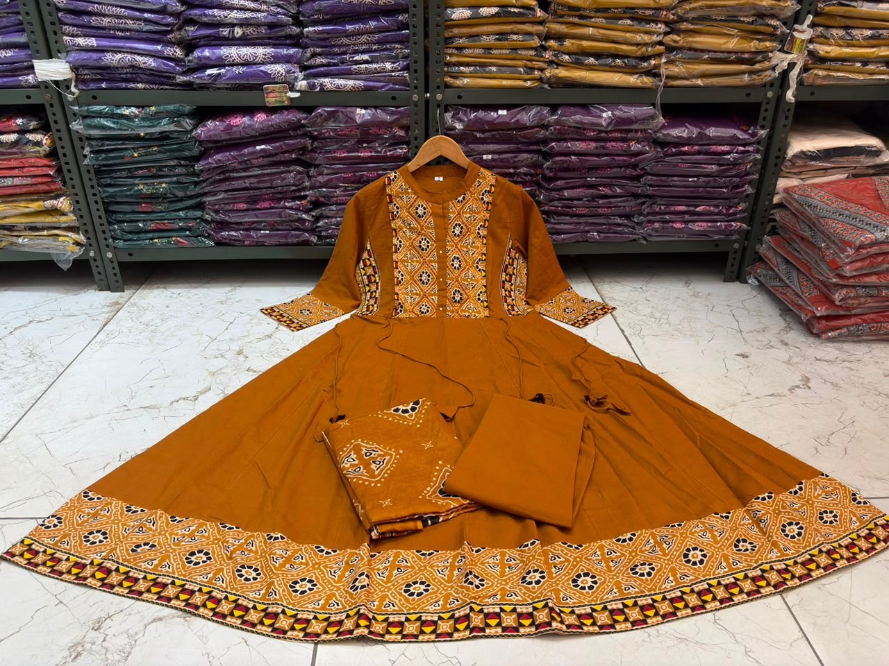 Mustard Cotton Flared Anarkali Suit Set with Printed Dupatta
