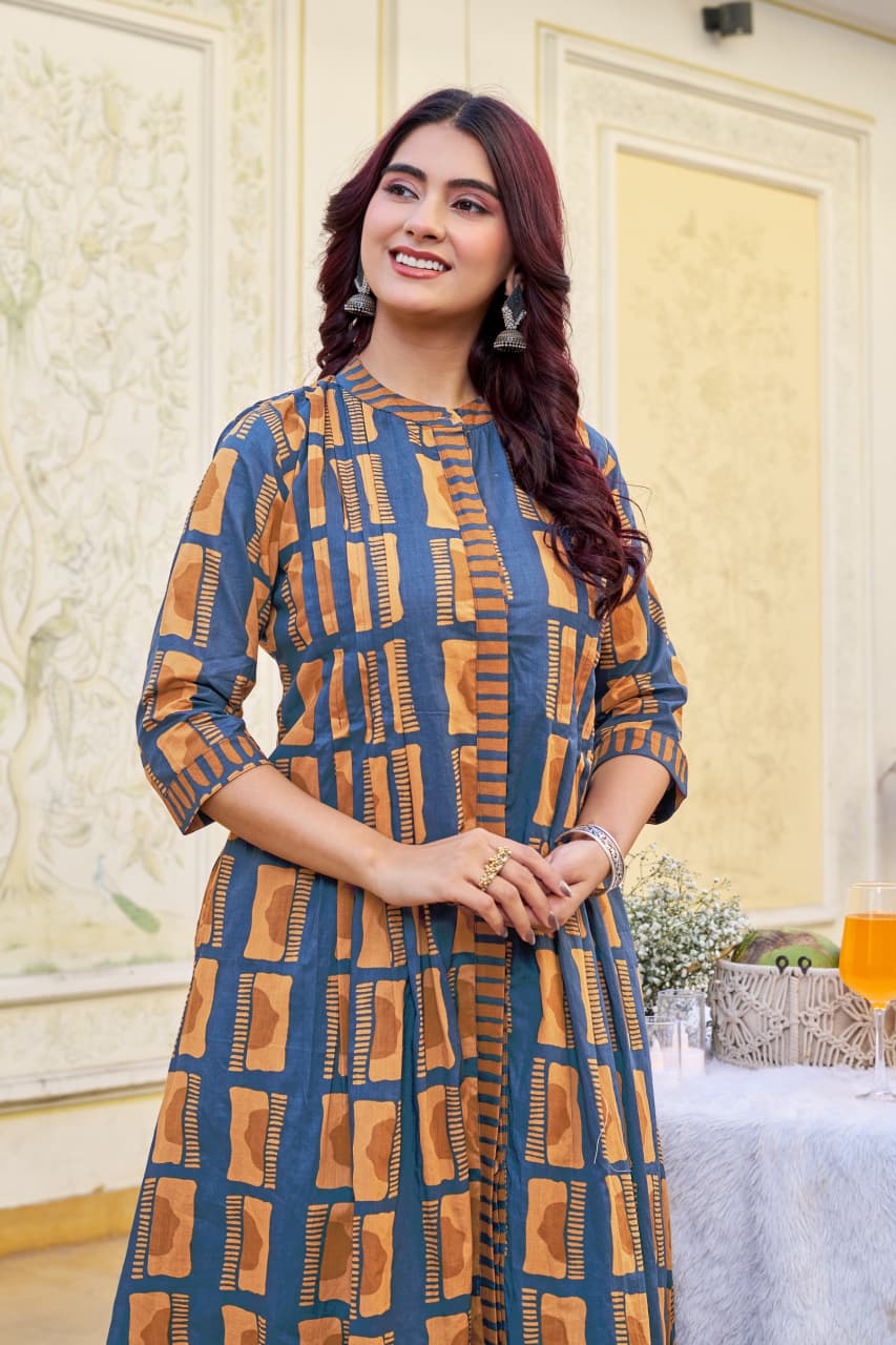 Mustard Cotton Kurta with Palazzo Set | 3/4 Sleeves