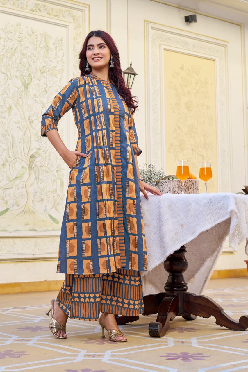Mustard Cotton Kurta with Palazzo Set | 3/4 Sleeves
