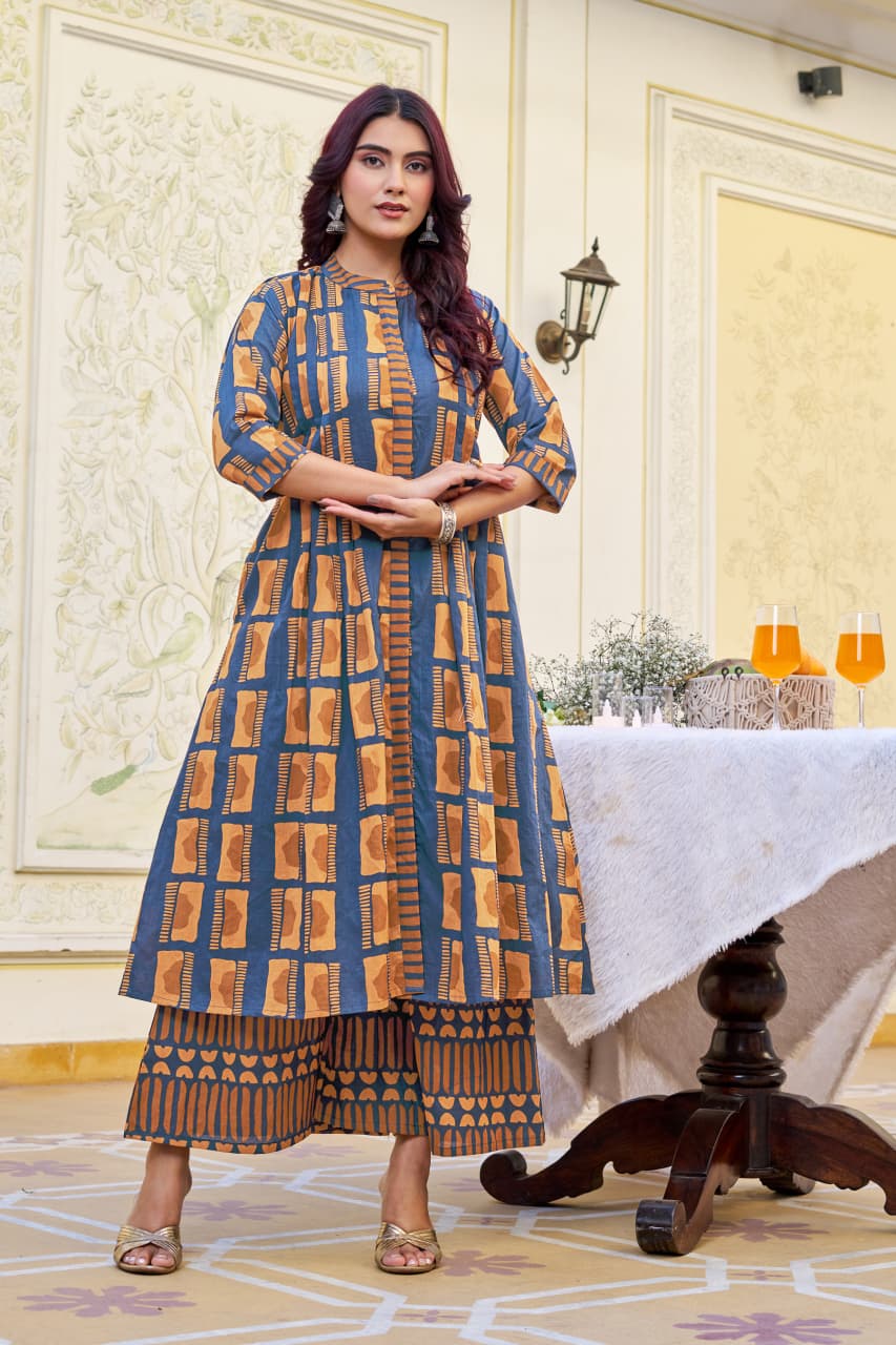 Mustard Cotton Kurta with Palazzo Set | 3/4 Sleeves