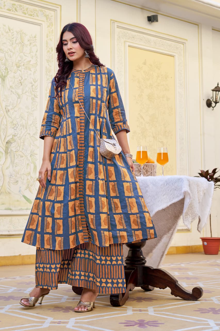 Mustard Cotton Kurta with Plazo Set – 48” Long Kurti