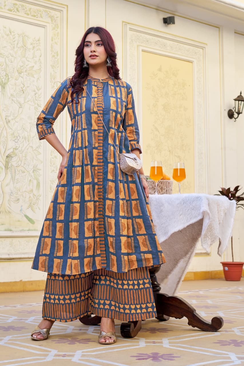 Mustard Cotton Kurta with Plazo Set – 48” Long Kurti
