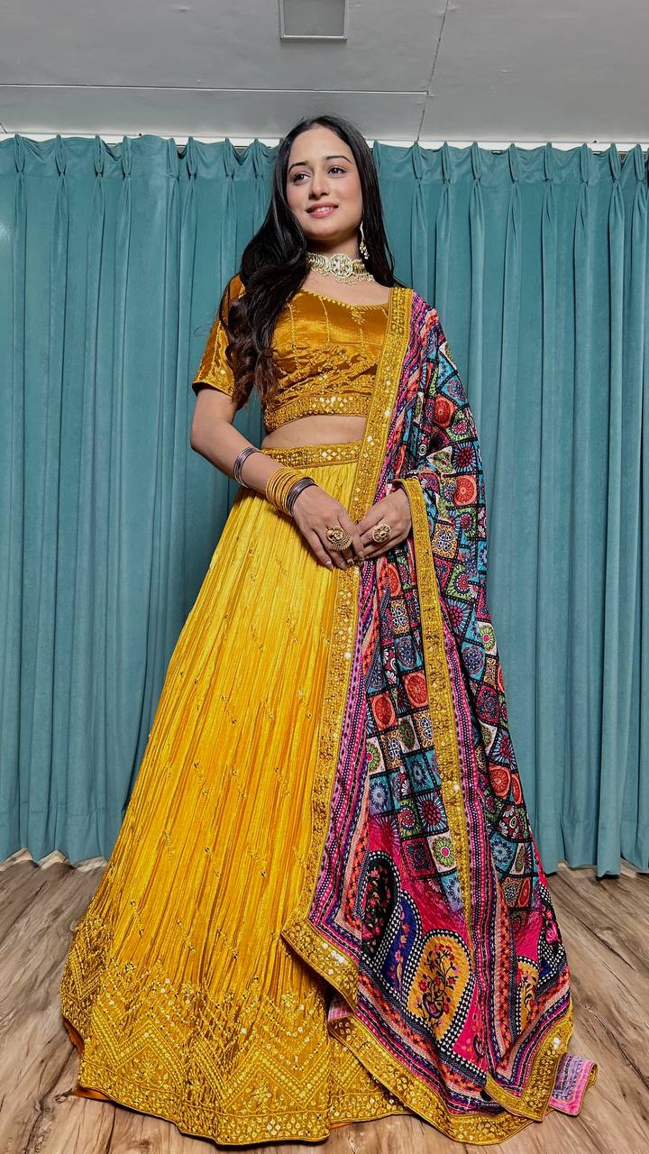 Mustard Cultural Elegant Chinon Silk Lehenga Set
